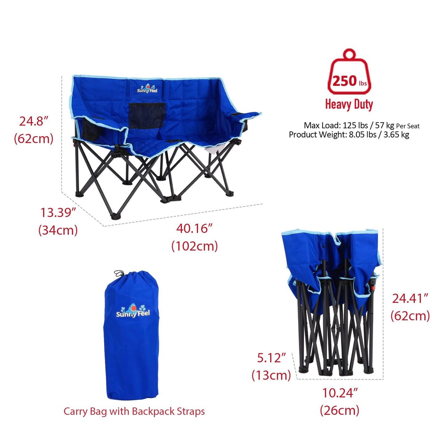 SUNNYFEEL Kids Folding Double Camping Chair, Portable Kids Camping Chairs 2 Seat Chair, Blue Padded Foldable Lawn Chairs with Cup Holder for Beach/Outdoor/Travel/Picnic, Foldable Camp Chairs 2 Person