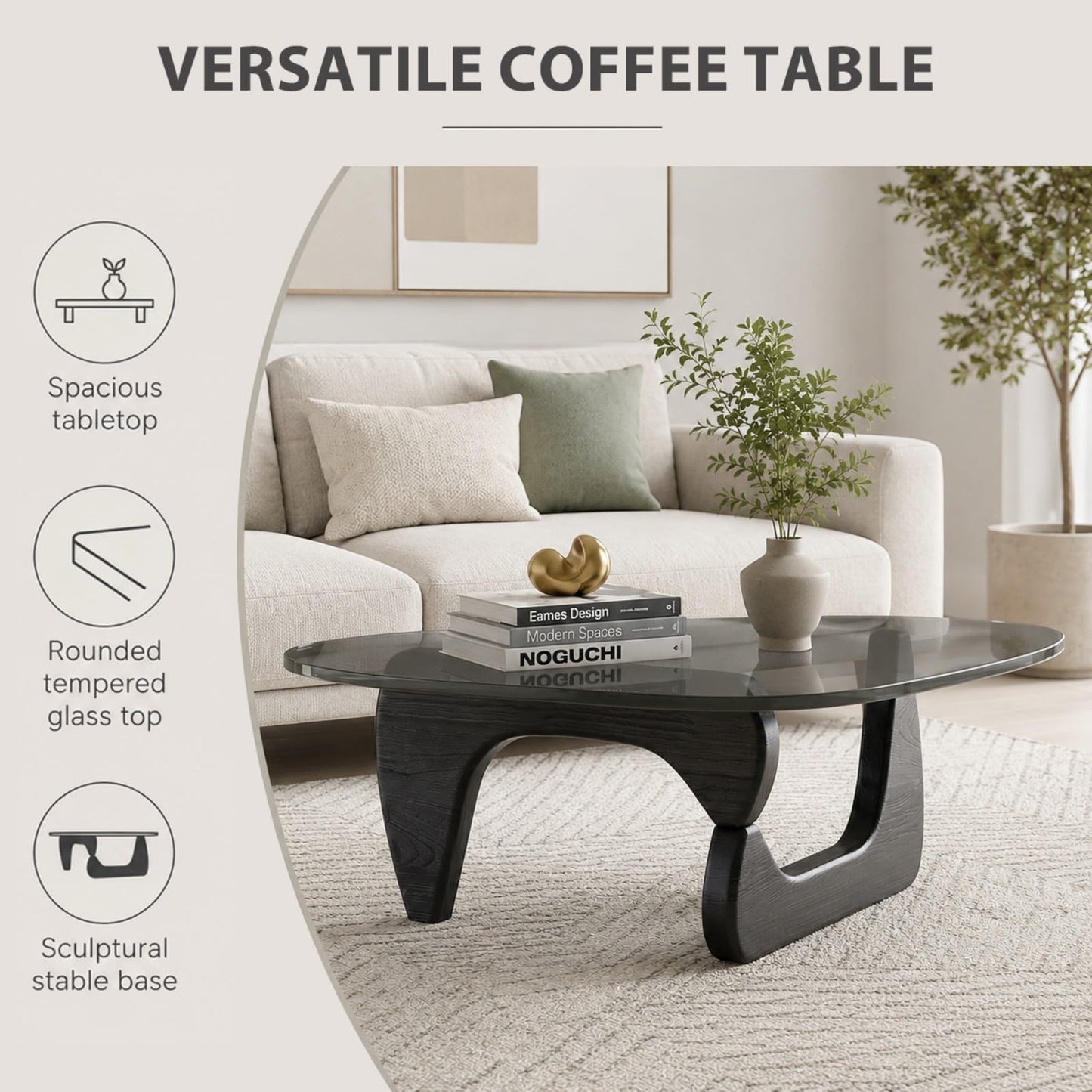 QHRAY Modern Glass Coffee Table, Black Wood Grain Base, Gray Tempered Glass Top, 32" Center Table, Black Coffee Table for Living Room Apartment Office Lounge Reception Bedroom
