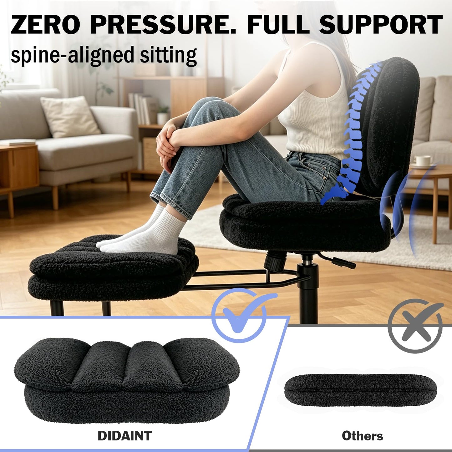 Ergonomic Cross Legged Office Chair with Footrest, 360° Swivel Height Adjustable Faux Shearling Criss Cross Chair, Wide Seat & Back Support for Home Office, ADHD, Black