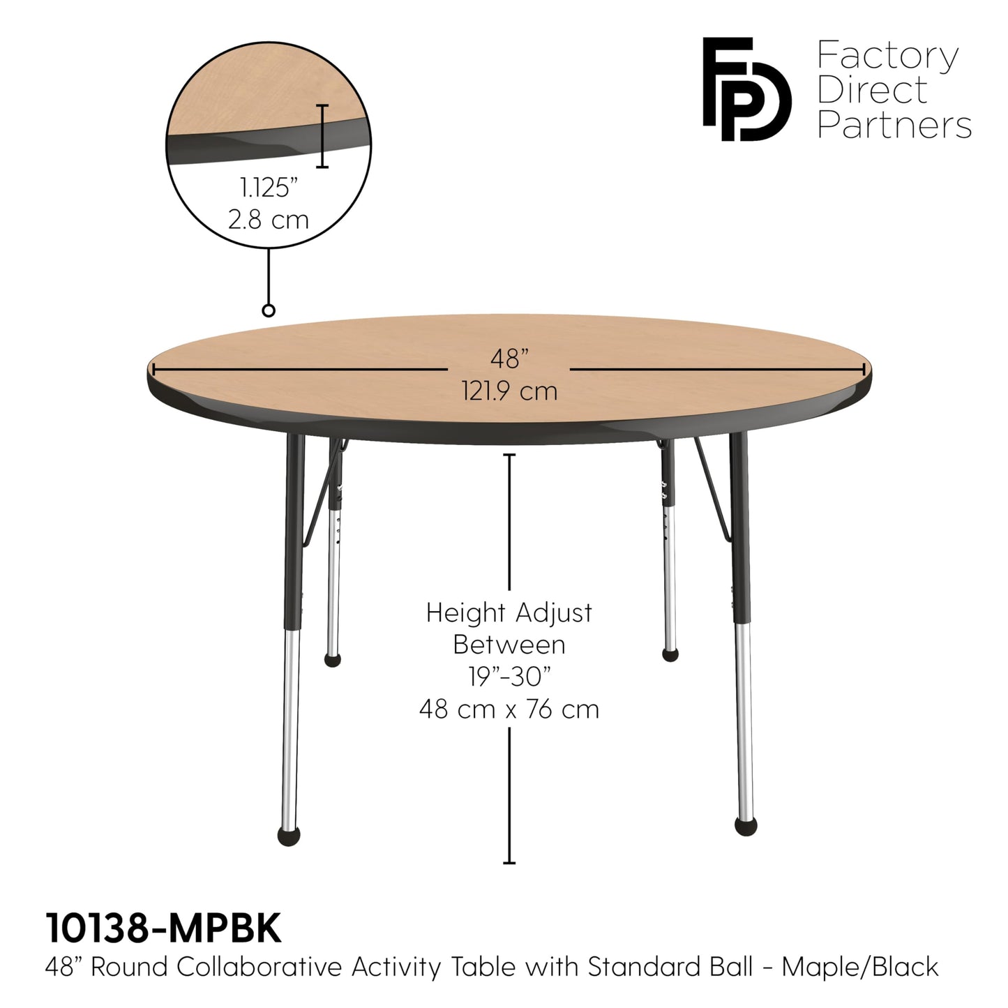 Factory Direct Partners FDP 48" Round Thermofused Classroom Activity Table with Standard Ball Glide Legs, Adjustable Height 19"-30" - Maple/Black, 10138-MPBK
