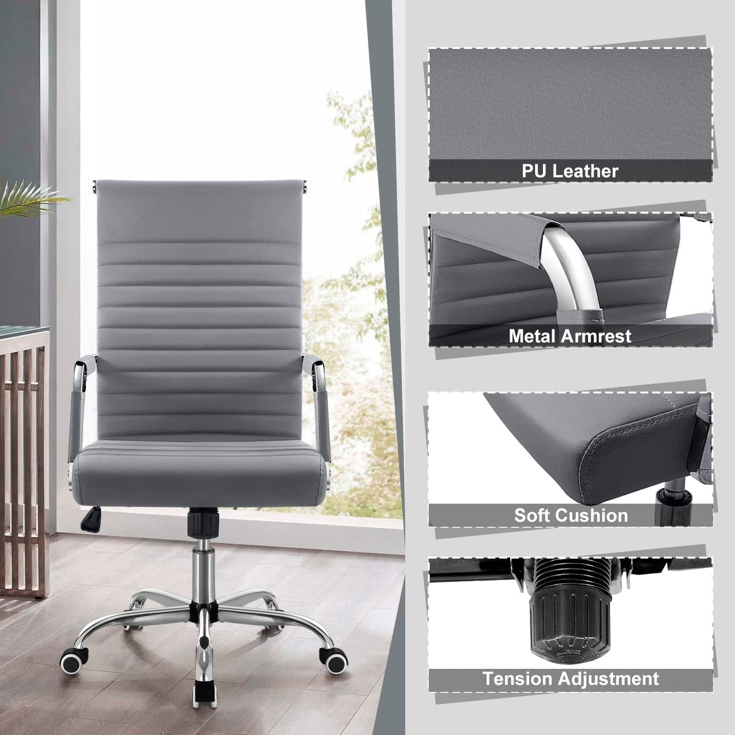 Shahoo Ribbed Office Chair, Mid-Back PU Leather Office Chair Executive Task Chair with 360° Swivel Wheels for Conference Room, Home Offices (Grey)