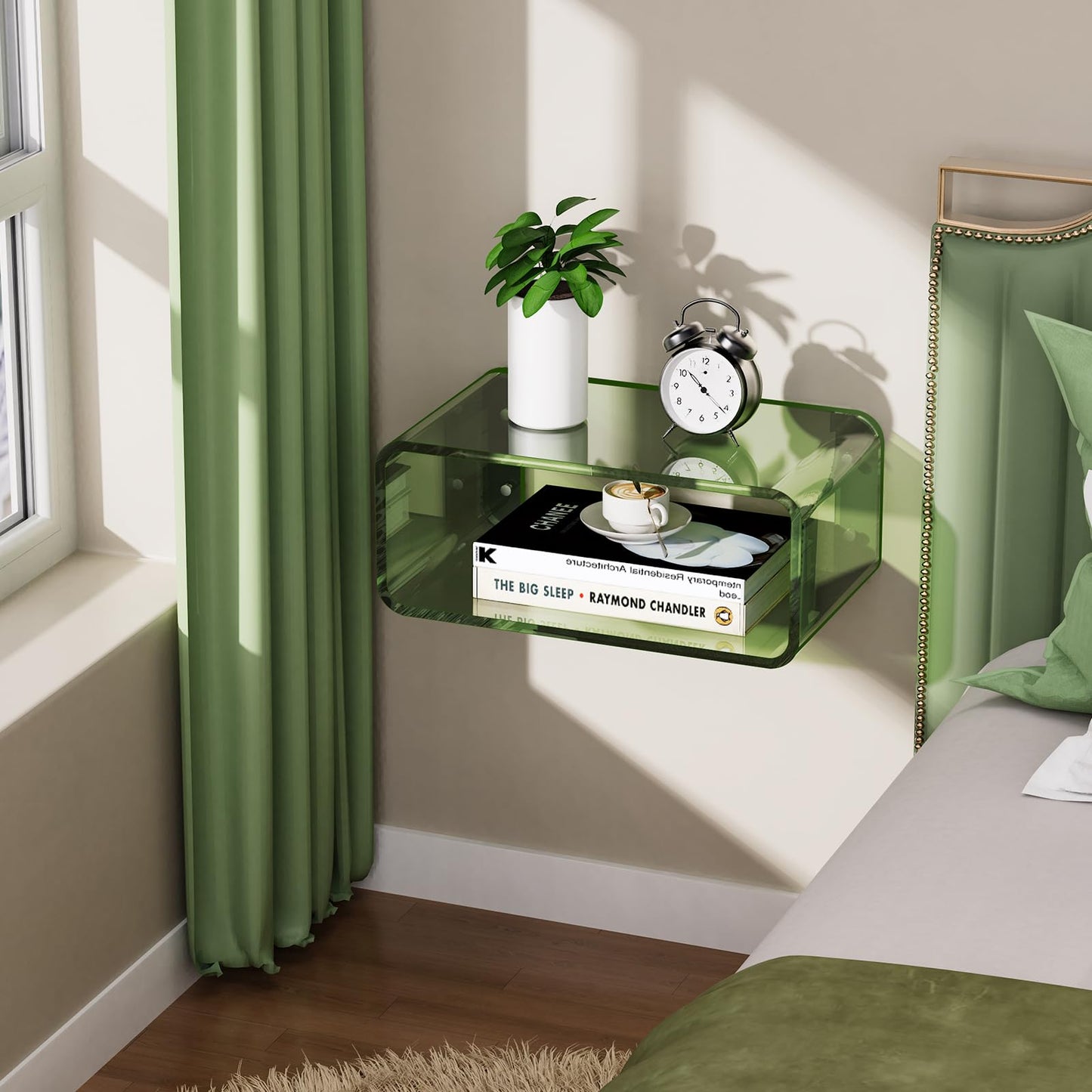 Acrylic Floating Nightstand, Bedside Table, Nightstand Shelf Wall Mounted Bedside Shelf (Green, Small)