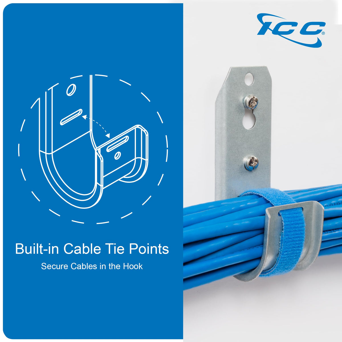 ICC 2” Wall Mount J - Hook with Retainer Clip for Structured Cabling - Galvanized Steel Cable Management Hooks, Rust-Resistant, TIA/EIA Compliant- 25-Pack