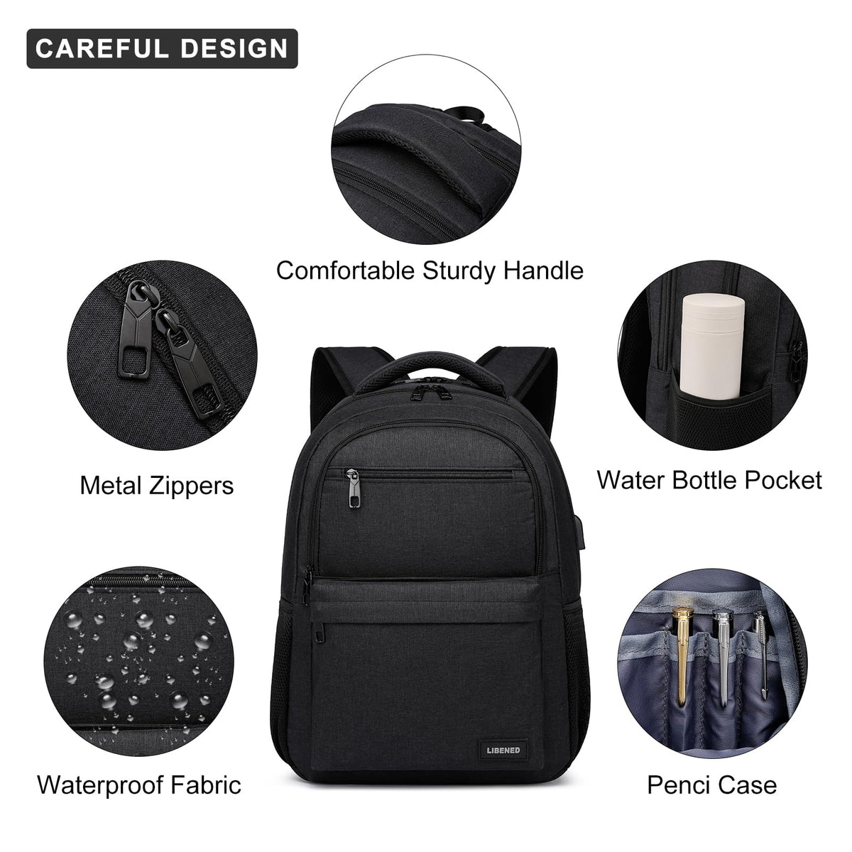 LIBENED School Backpack for Teen Boys Mens, 15.6 Inch Laptop Backpack, College High School Book Bag for Students, Black