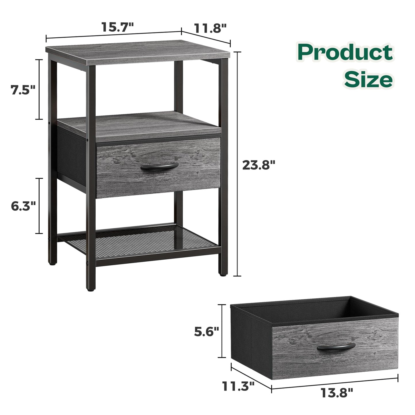 Huuger Nightstand Set of 2, Night Stand with Fabric Drawer, Mesh Shelf, Side Table with Storage, Fabric Drawer Dresser, Open Shelf, Metal Frame, Bedroom, Grey