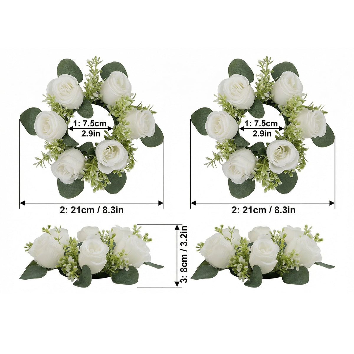 A Set of 6 White Rose Candle Wreath Rings with Artificial Floral Candle Holders and Wreaths, Ideal for Wedding Centerpieces for Tables, Party Candle Arrangement Setups