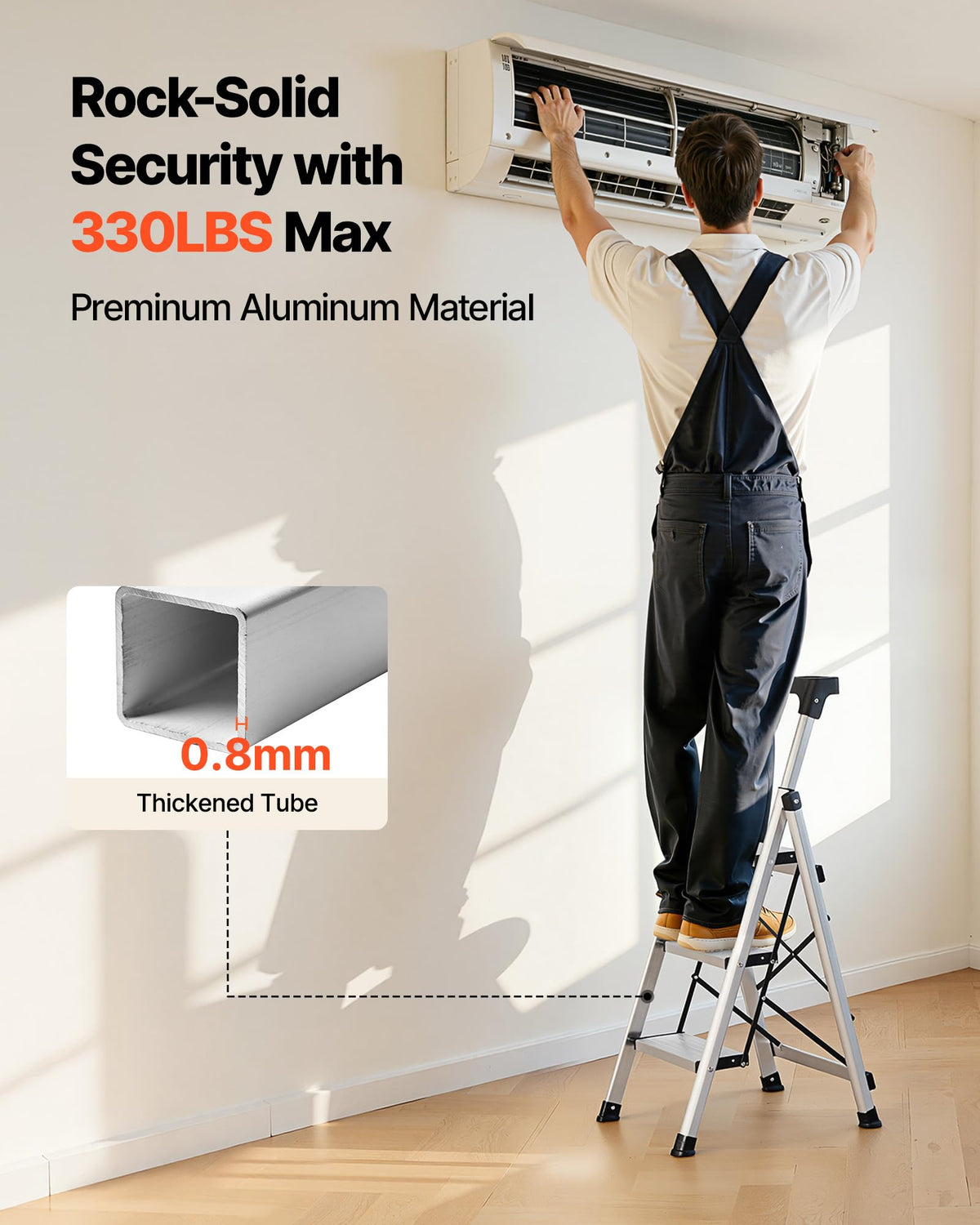 VEVOR 3 Step Ladder, Folding Step Stool with Wide Anti-Slip Pedal and Comfort Handgrip, 330 lbs Capacity Portable Aluminum Stepladder, Multi-Use for Kitchen, Warehouse, Household and Office, Silver