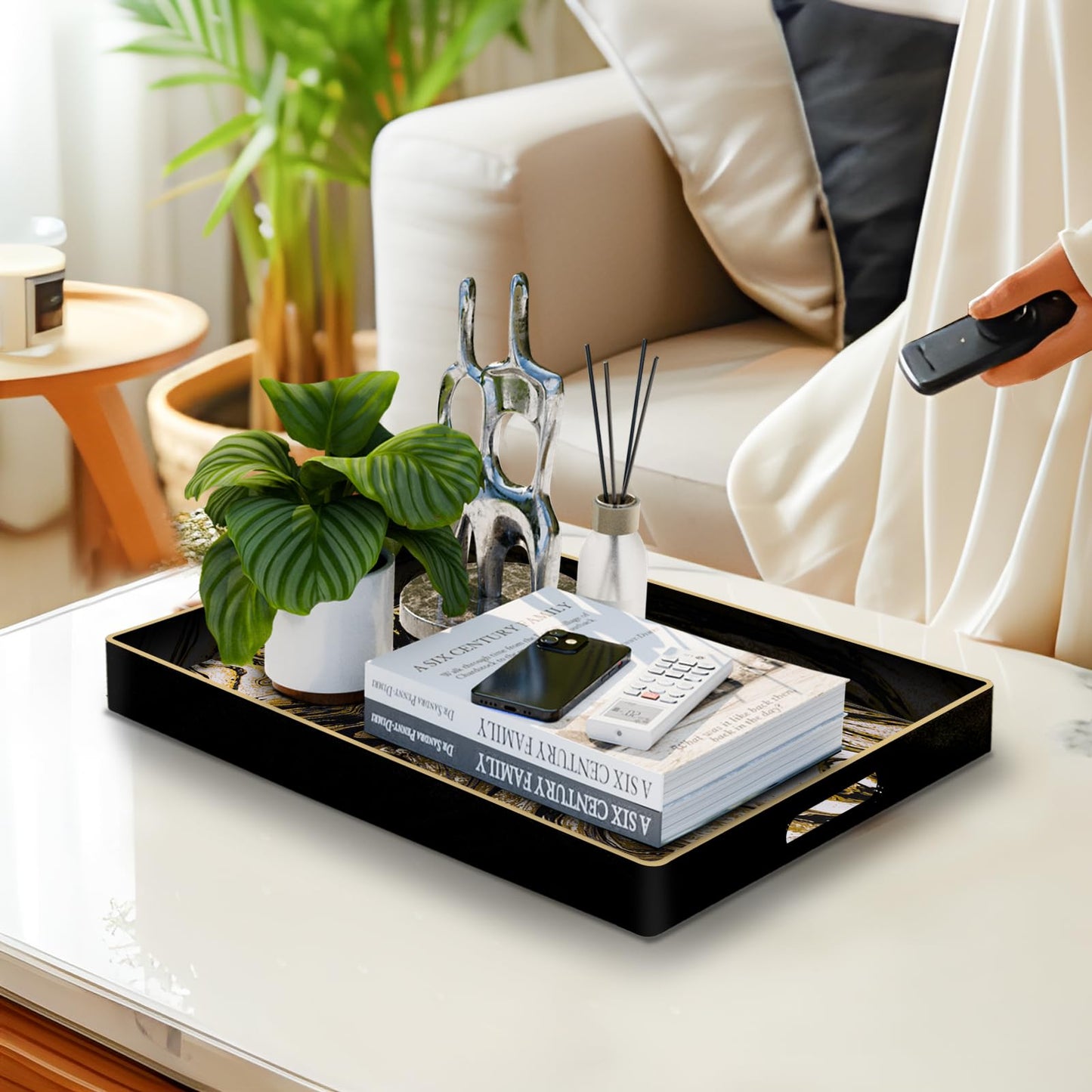 MAONAME Black Decorative Tray with Handles, Plastic Serving Tray for Coffee Table, Marbling Rectangular Trays for Ottoman, Bathroom, Storage, 15.7" Lx 10.2" W X 1.57" H