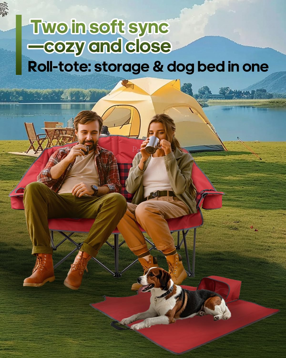 Pcuauld Double Camping Chair Padded Loveseat Camp Couch for Adults, Oversized 2 Person Love Seat with 2 in 1 Carry Bag, Heavy Duty Folding Outdoor Sofa with Cup Holders for Lawn Beach Tailgating, Red