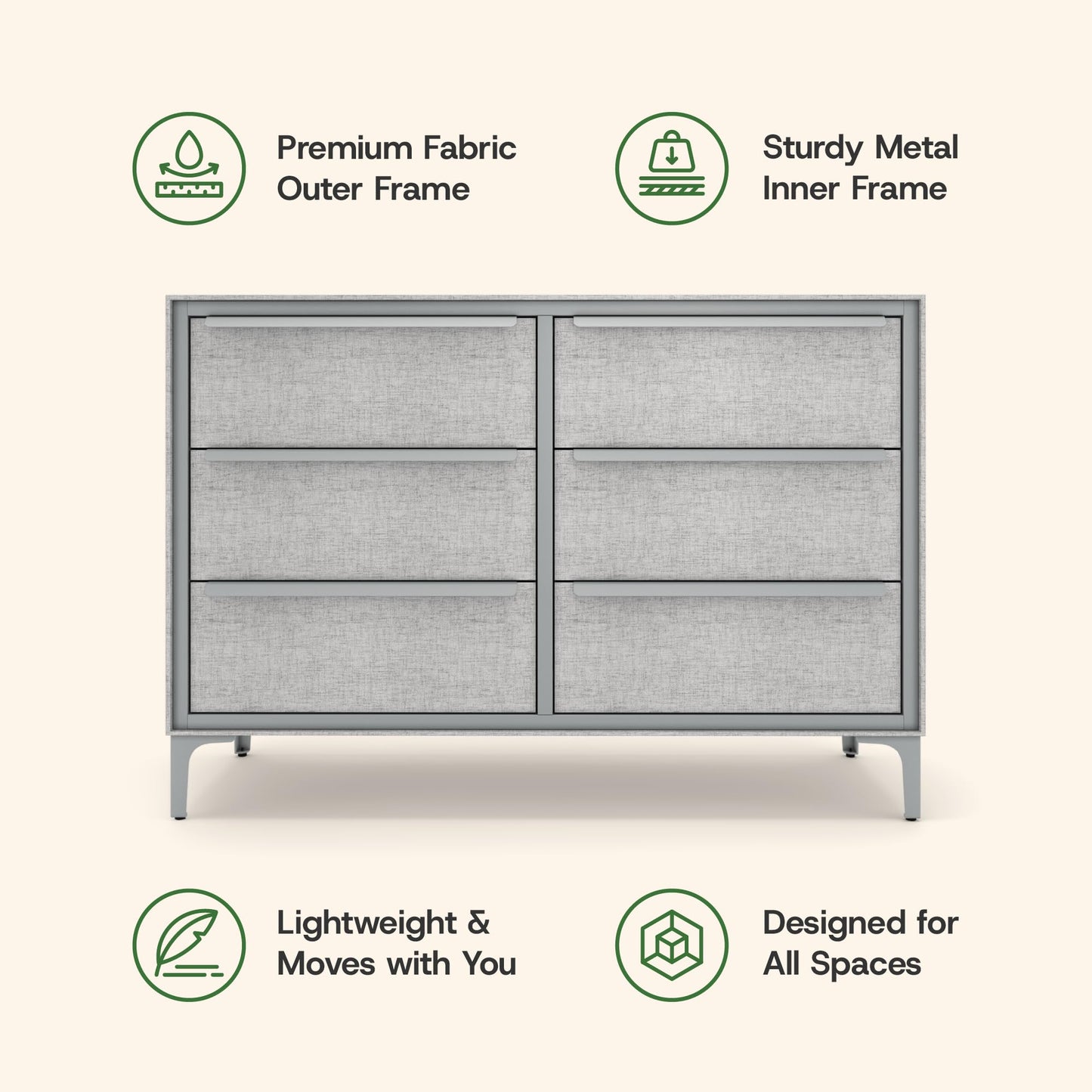 tinge Naima Premium 6 Drawer Fabric Dresser - Heavy Duty Metal Frame with Sag-Proof Storage Drawers for Clothes - Durable Silver Bedroom Chest & Sleek Metal Handles