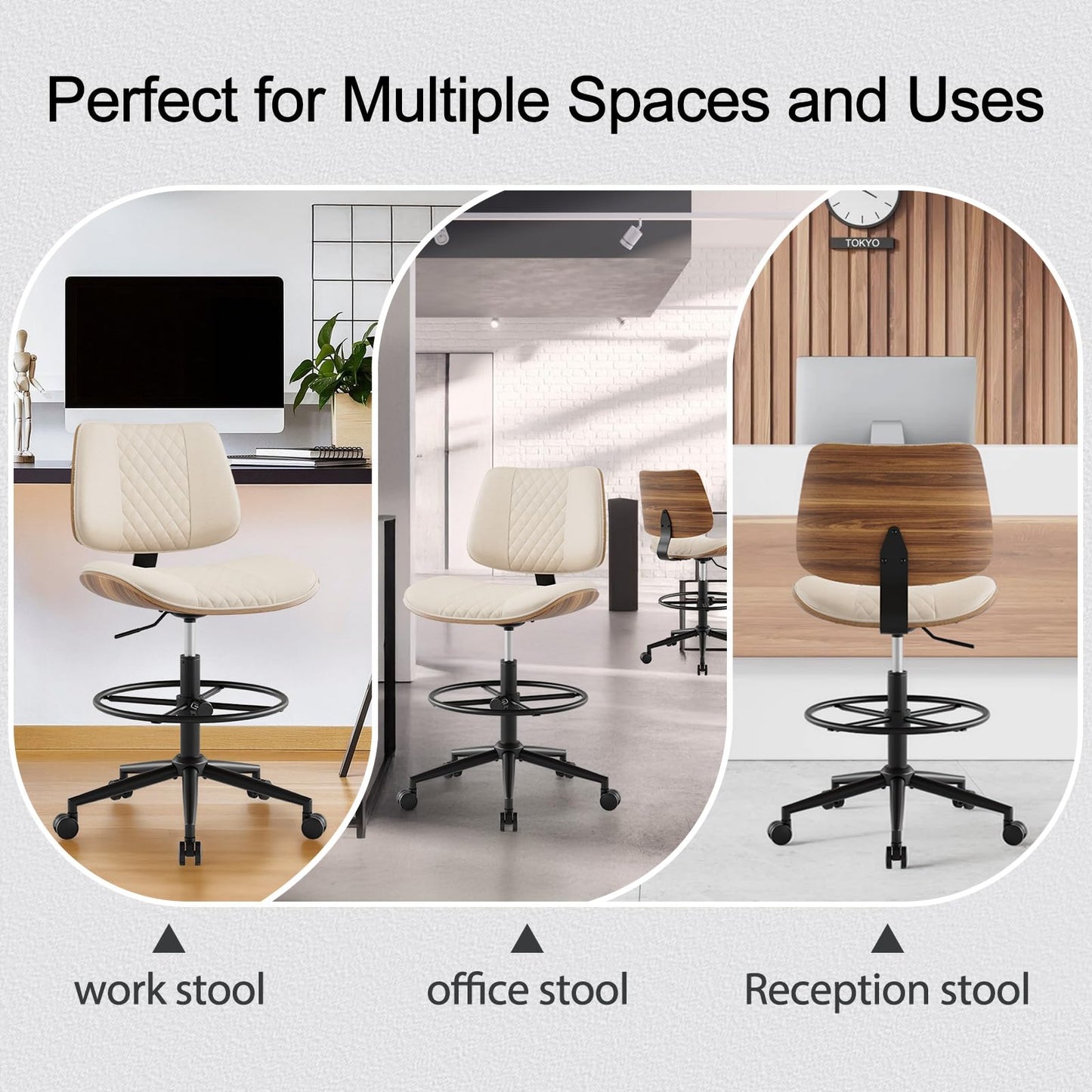 BERYTH Drafting Chair with Adjustable Footrest, Armless Modern Tall Office Chair for Standing Desk, PU Leather Swivel Stool in Curved Bentwood Style, Ergonomic Rolling Walnut Chair for Office(Beige)