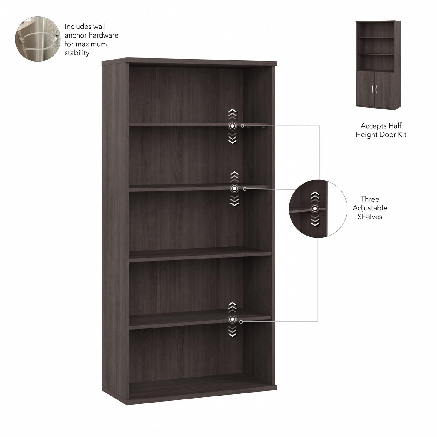 Bush Business Furniture Studio C Tall 5 Shelf Bookcase in Storm Gray, Large Bookshelf for Home or Professional Office
