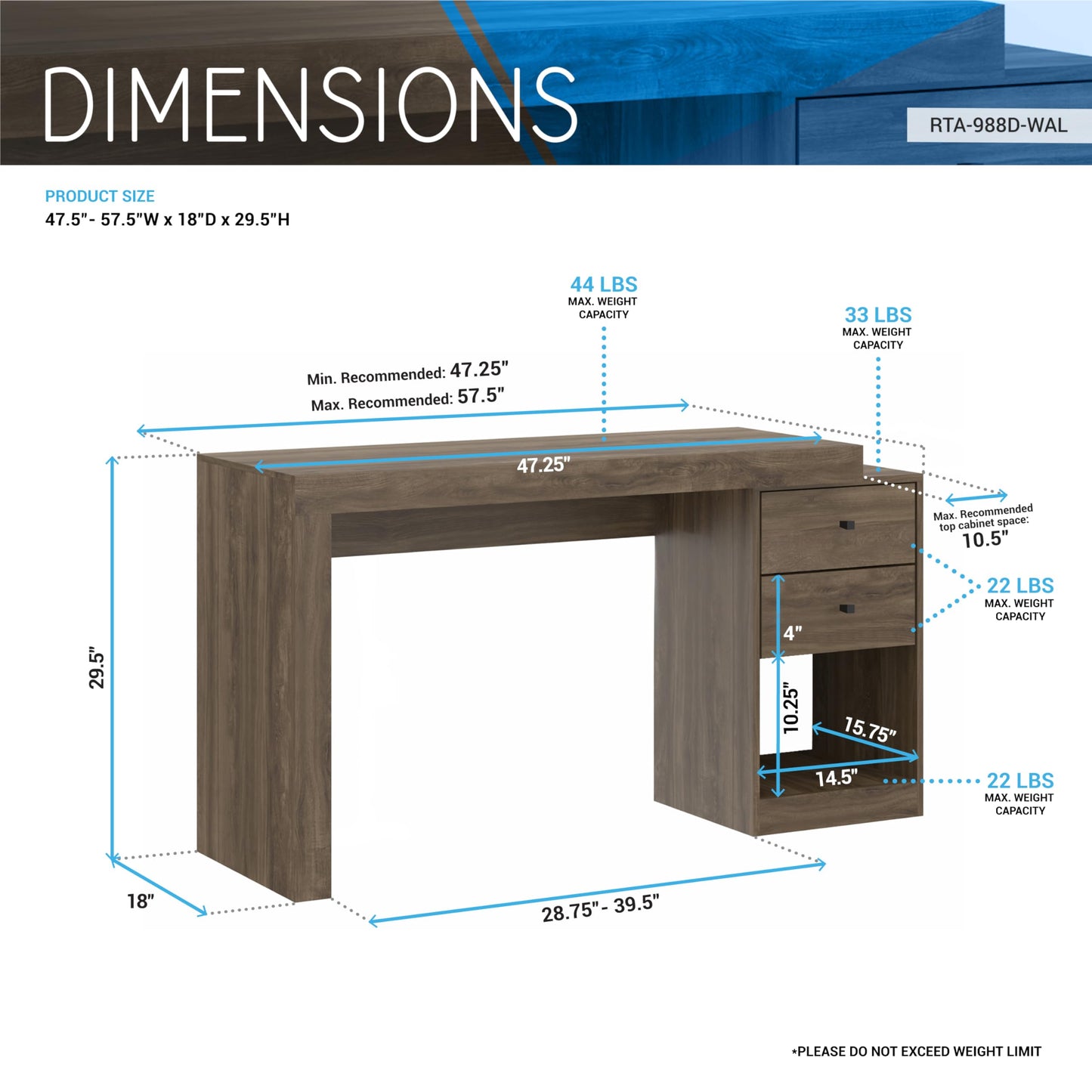 Expandable Desk with Storage Drawers & Open Shelf - Expands from 47 Inch to 57 Inch - Walnut Computer Desk with Printer Space - Modern Home Office Table with Drawers - Techni Mobili Blanco Collection