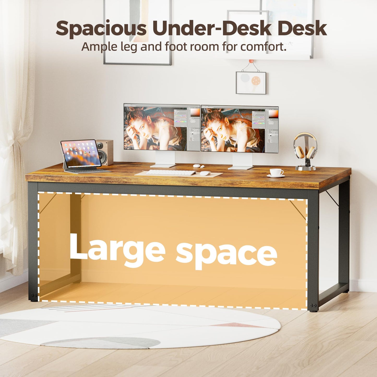 Mericonia 40 Inch Computer Desk, 1" Thick Modern Simple Study Writing Table, Heavy Duty Industrial Office Desk for Home Bedroom Workstation, Brown