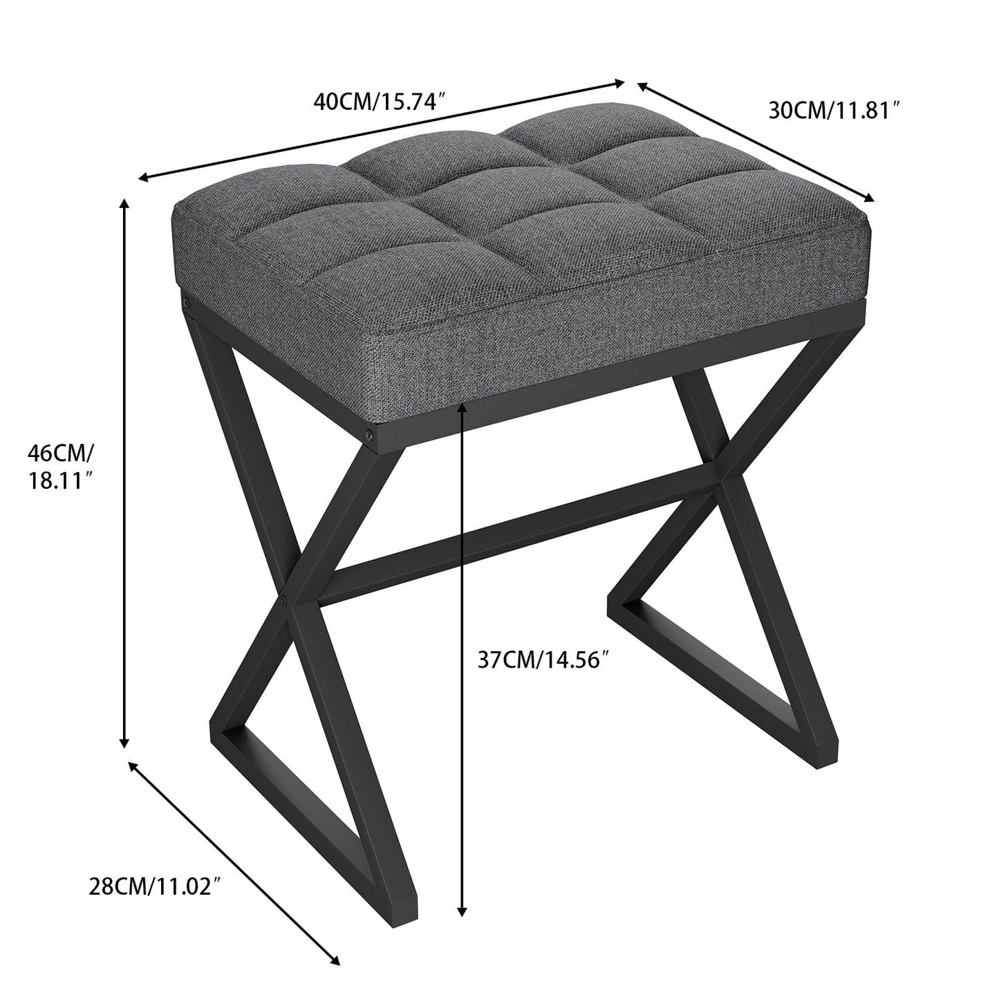 YMYNY Vanity Stool, Linen Footrest, Ottoman Bench with X-Shaped Metal Legs, Makeup Dressing Stool for Vanity, Living Room, Bedroom, Entryway, Hallways 15.74" D×11.81" W×18.11" H Grey UHBD033G
