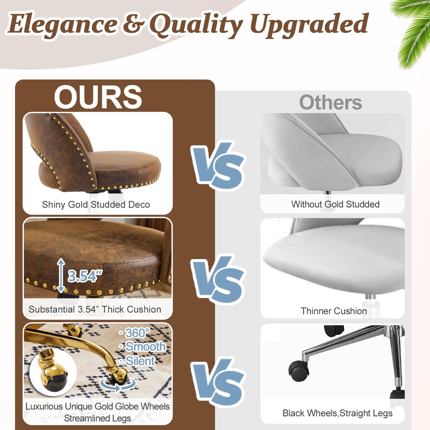 VINGLI Modern Velvet Small Office Chair,Cute Desk Chair with Wheels,Gold Base/Studs, Comfy Armless Swivel Vanity Task Chair for Women/Girl/Kids, Nail Tech Chair for Bedroom,Small Space,Rustic