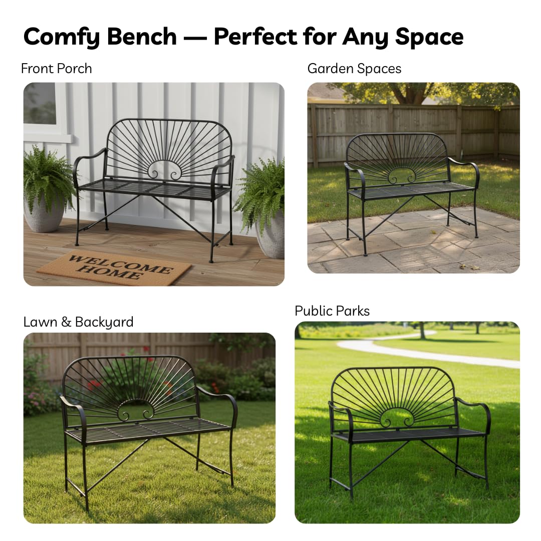XBrand 44" L Iron Sun-Patterned Seat for Two, Patio & Porch Furniture for Park, Yard, Lawn, Balcony, Backyard – Black