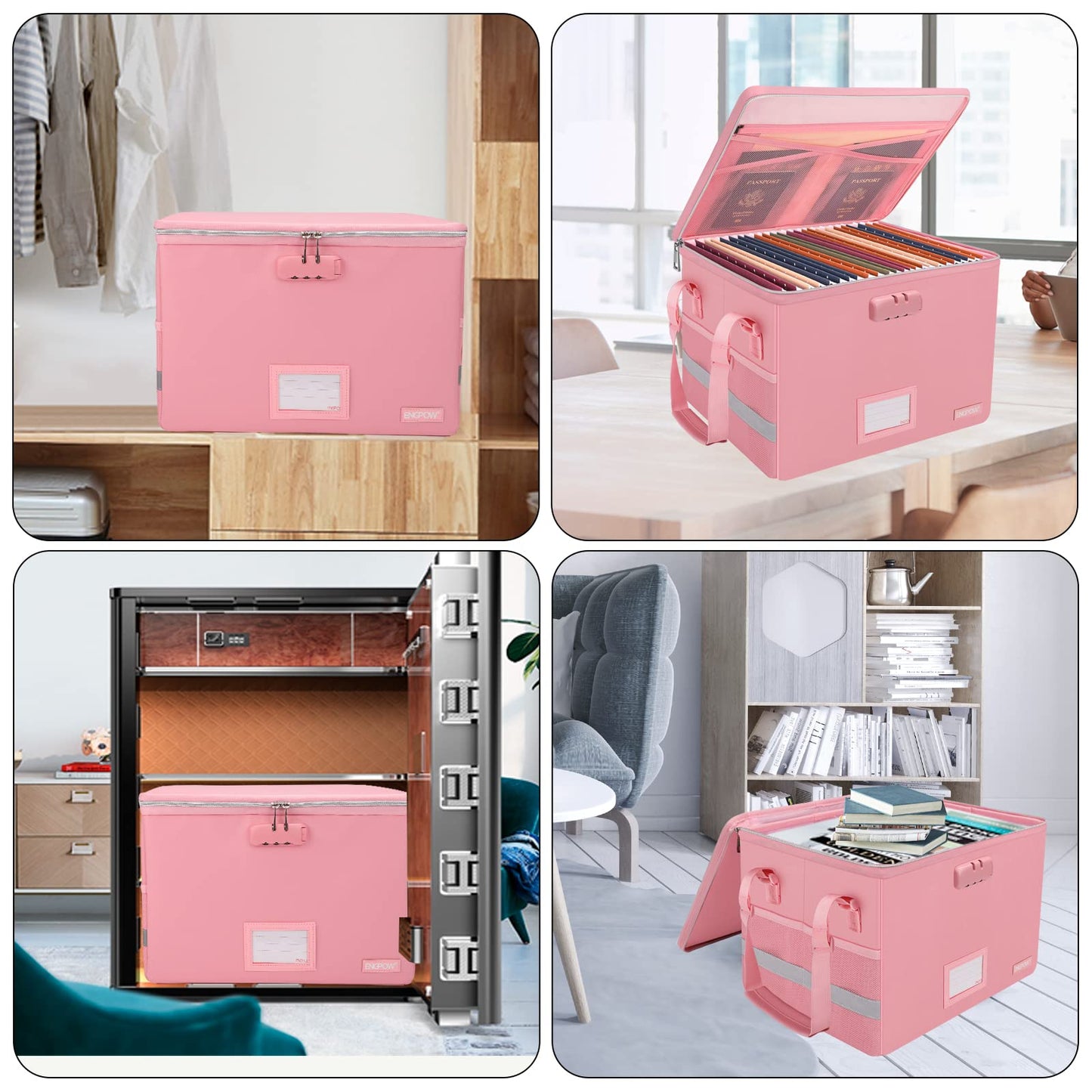 ENGPOW File Box with Lock, Fireproof Document Box with Zipper＆Pockets, Collapsible File Organizer Filing Storage Cabinet with Handle, Portable Home Office Safe for Hanging Letter/Legal Folder, Pink