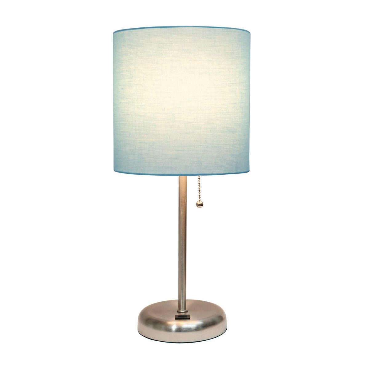 Simple Designs LT2044-AQU-LB Brushed Steel Stick Table Desk Lamp with USB Charging Port and Drum Fabric Shade for Living Room, Hallway, Nightstand, Office, Aqua Shade, with Feit LED Bulb Included