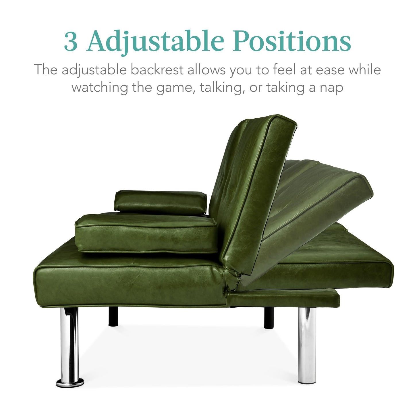 Best Choice Products Faux Leather Upholstered Modern Convertible Futon, Adjustable Folding Sofa Bed, Guest Bed w/Removable Armrests - Dark Green