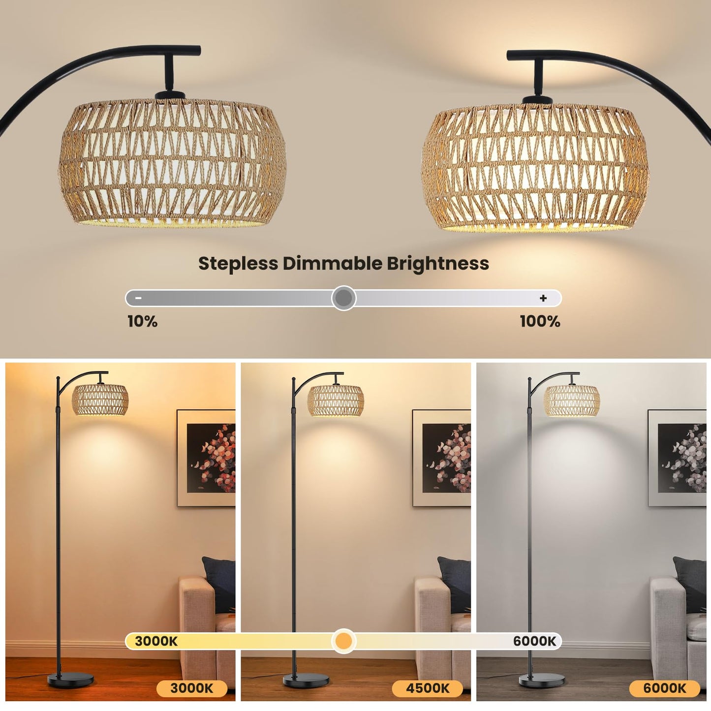 Yusist Arc Floor Lamp for Living Room,Farmhouse Floor Lamps with Remote Control & Dimmable Bulb, Boho Rattan Tall Standing Lamp for Bedroom Office