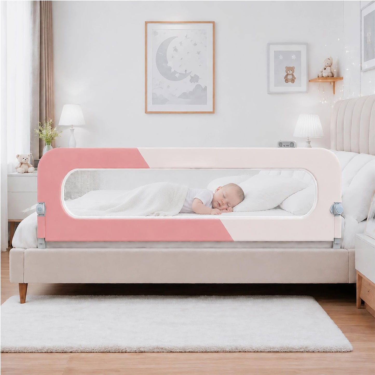 HIQNWTO Bed Rail for Toddlers, Foldable Baby Bed Rail Guard, Adjustable, Safety, Convenient, Guard Rails with Twin, Full, Queen& King Size (Pink Patchwork, 71inch)