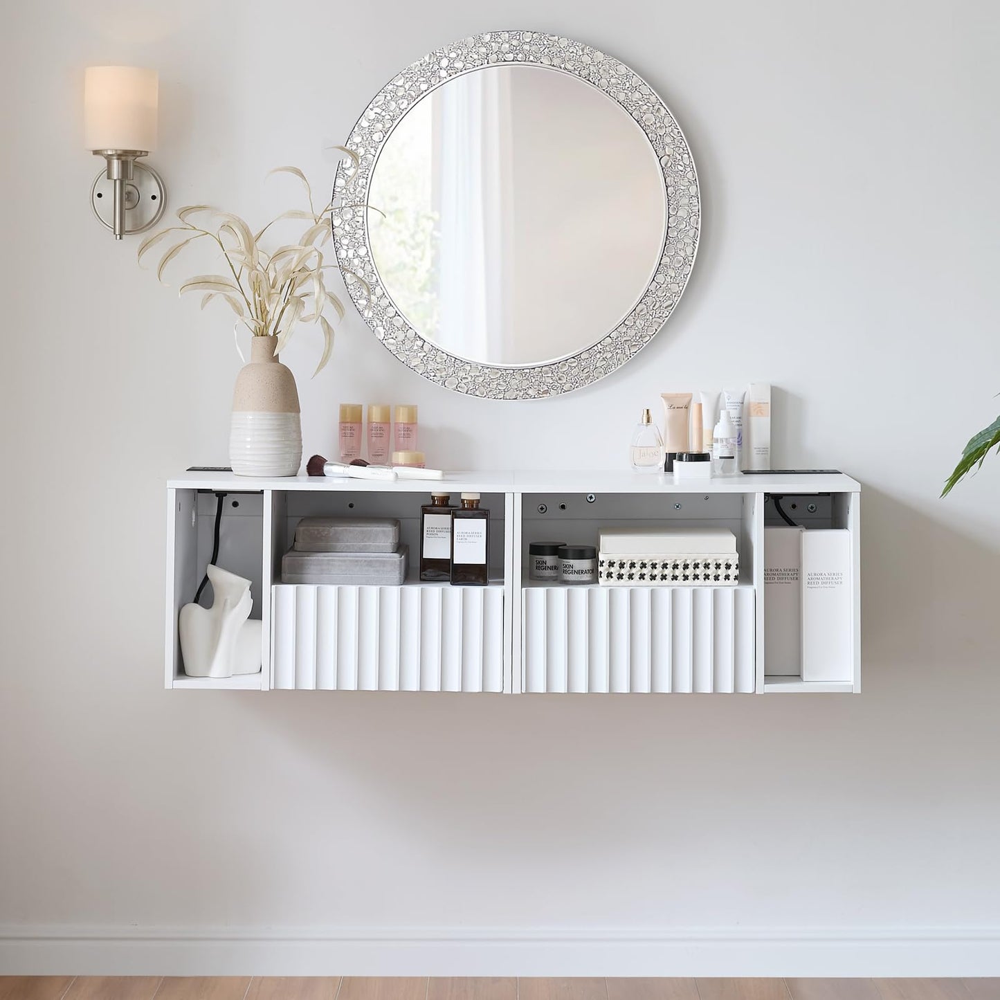 BuildHom Modern Matte White Fluted Floating Nightstand with Charging Station, NightStand with Drawers, Bedside with USB Ports and Outlets, Bedroom Furniture (Right)