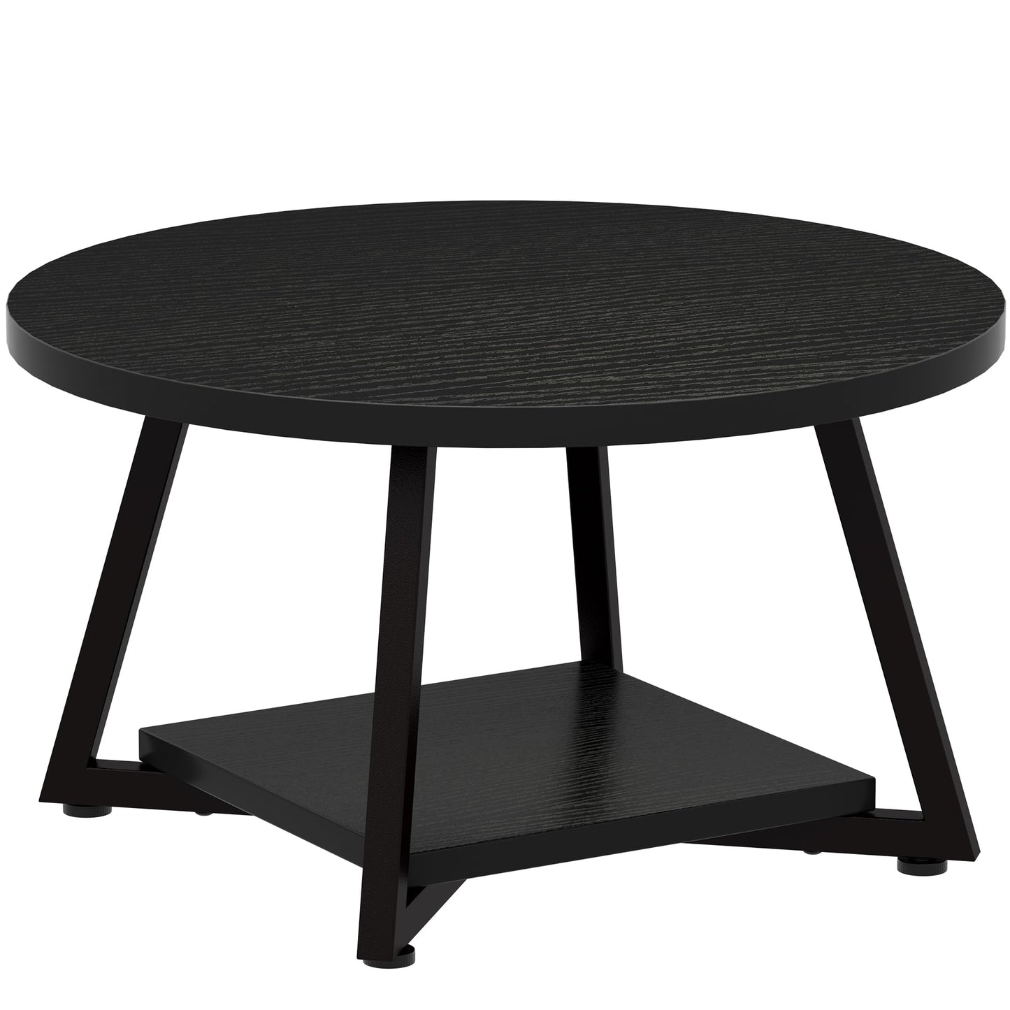 Round Coffee Table for Living Room, 27.6“ Circle Coffee Table, 2-Tier Industrial Coffee Tables with Storage, Wood Coffee Table, Modern Accent Table for Apartment, Office, Small Space, Black