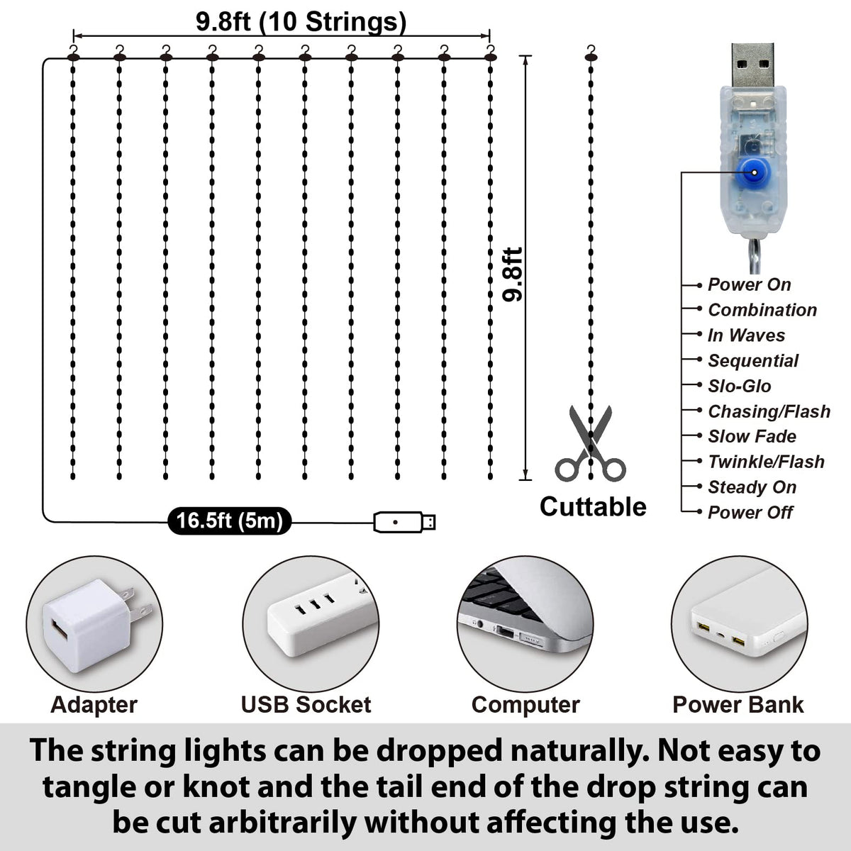 HXWEIYE 300LED Fairy Curtain Lights, 9.8x9.8Ft USB Plug-in 8 Modes Christmas String Hanging Lights with Remote for Bedroom Backdrop Wedding Indoor Wall Decor, White, Tangle-Free – 1 Pack