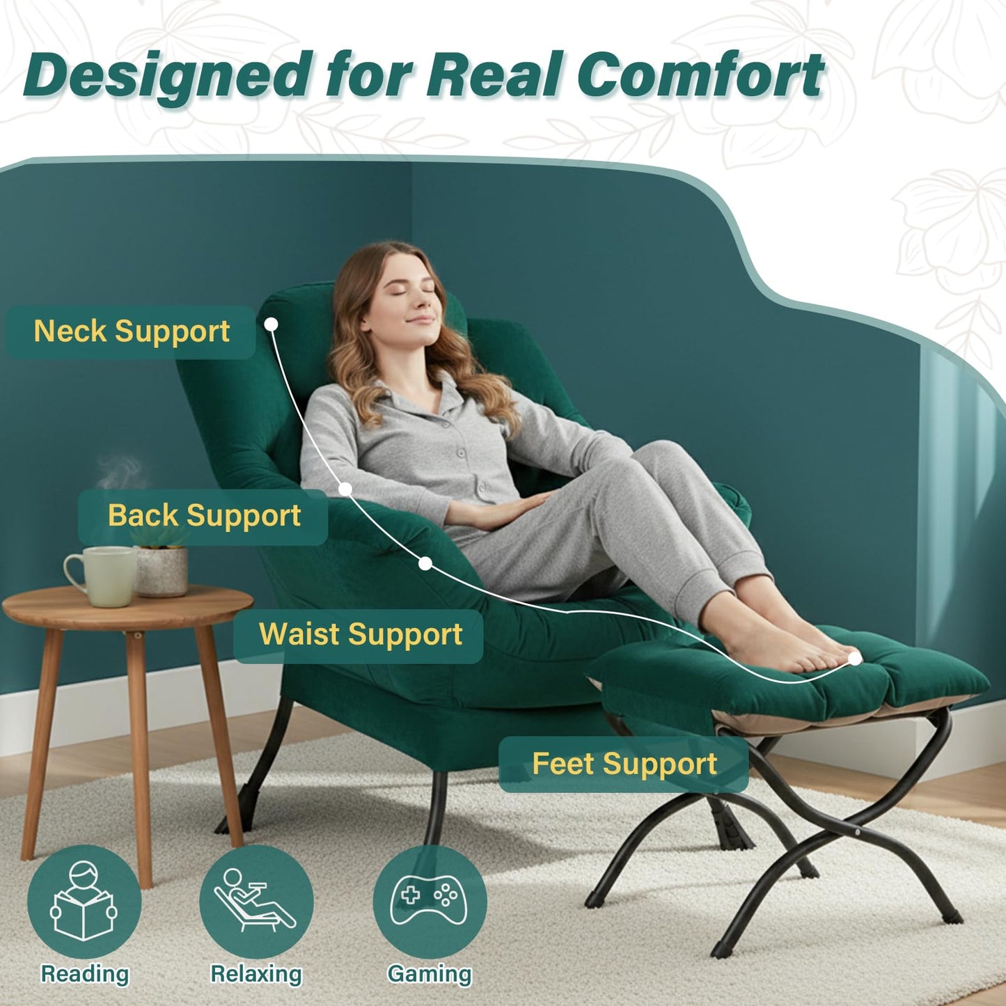Givjoy Lazy Chair and Ottoman, Large Green Velvet Accent Chair with Side Pocket, Modern Leisure Upholstered Sofa Reading Armchair with Footrest for Office, Bedroom, Living Room, Dorm Rooms, Balcony