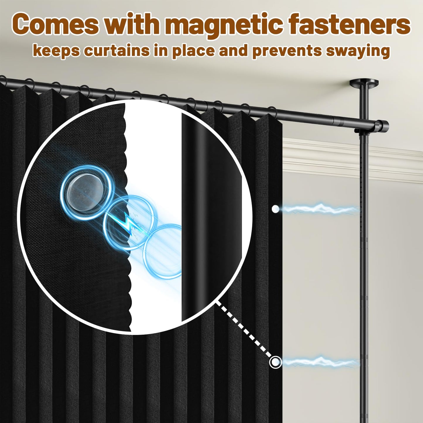 AJAZZ Room Divider Curtain (2 Panels, Black, W100 x L96 in)+ Tension Curtain Rod No Drilling (H) 43-120×(W) 35-200 in, for Privacy/Soundproof Curtains, Heavy Duty Wall Separator
