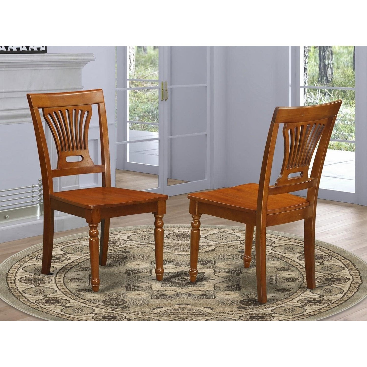East West Furniture PVC-SBR-W Plainville Dining Chairs - Stylish Back Wood Seat Kitchen Chairs, Set of 2, Saddle Brown