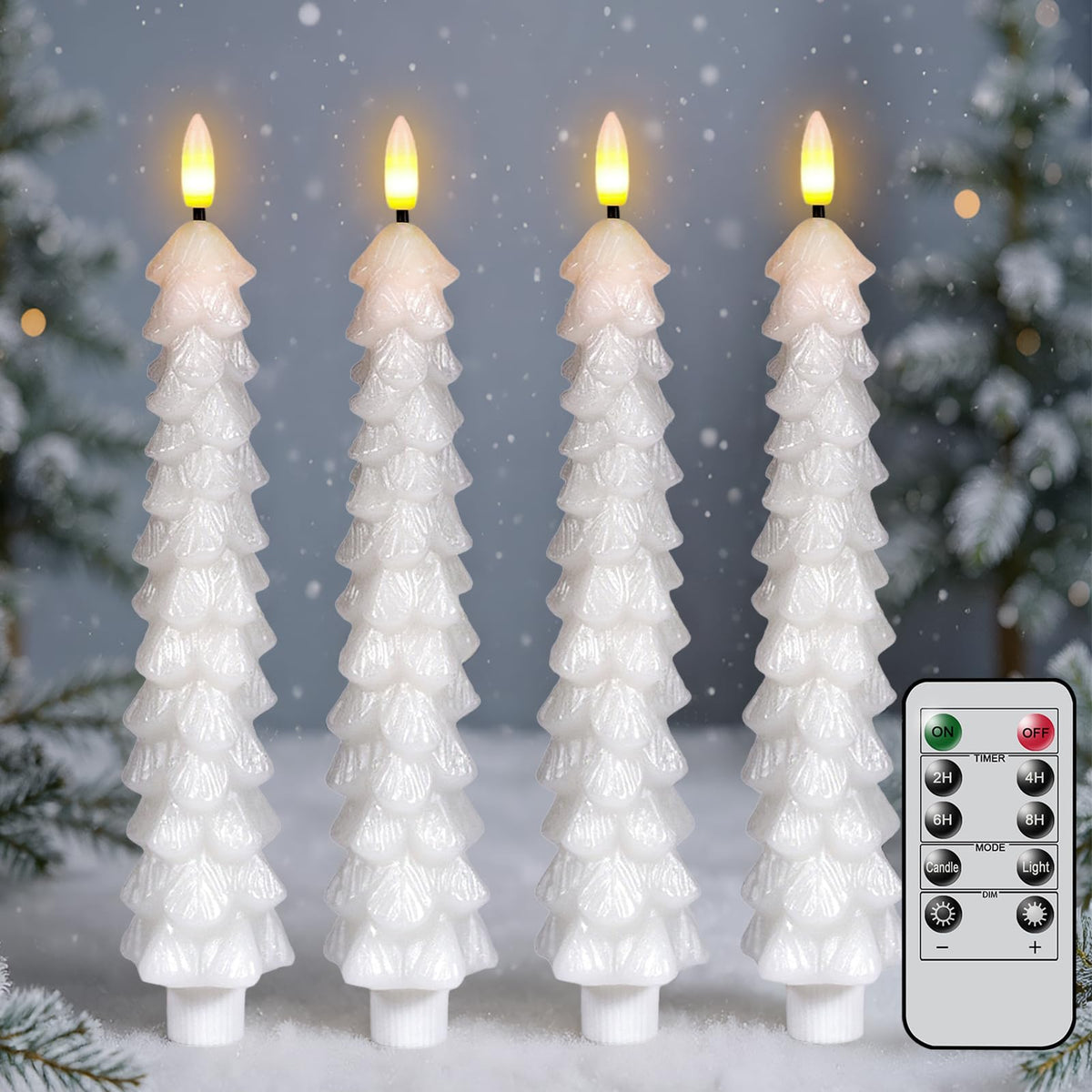 KunSwenn Christmas Tree Candles with Remote, White Christmas Tree Flameless Taper Candles Battery Operated, Real Wax Set of 4 LED Christmas Flameless Candlesticks for Xmas Winter Holiday Home Decor