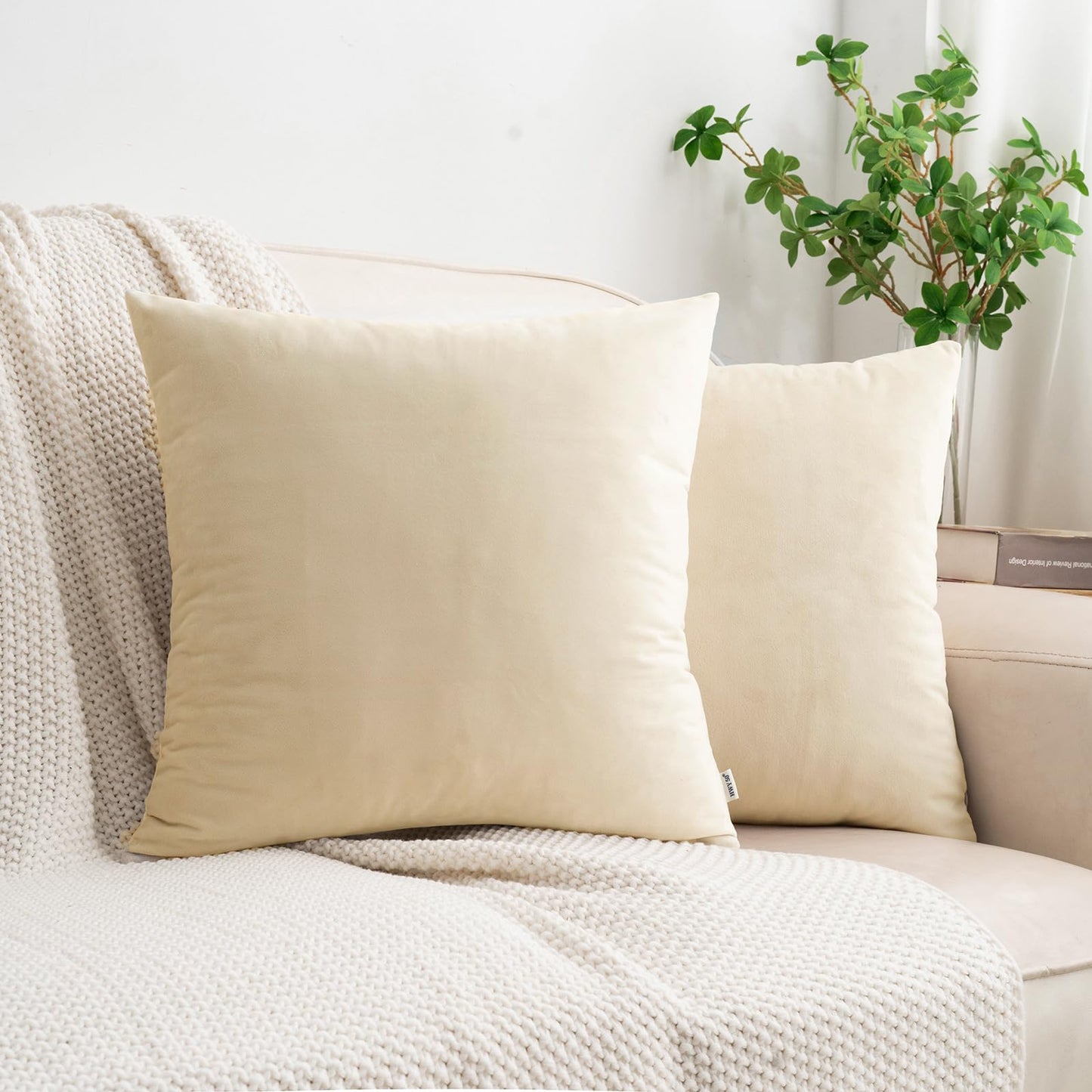 HWY 50 Cream White Velvet Throw Pillow Covers 18x18 Inch, Pack of 2 Soft Cozy Solid Decorative Luxury Cushion Cases for Couch Sofa Bed Living Room Bedroom