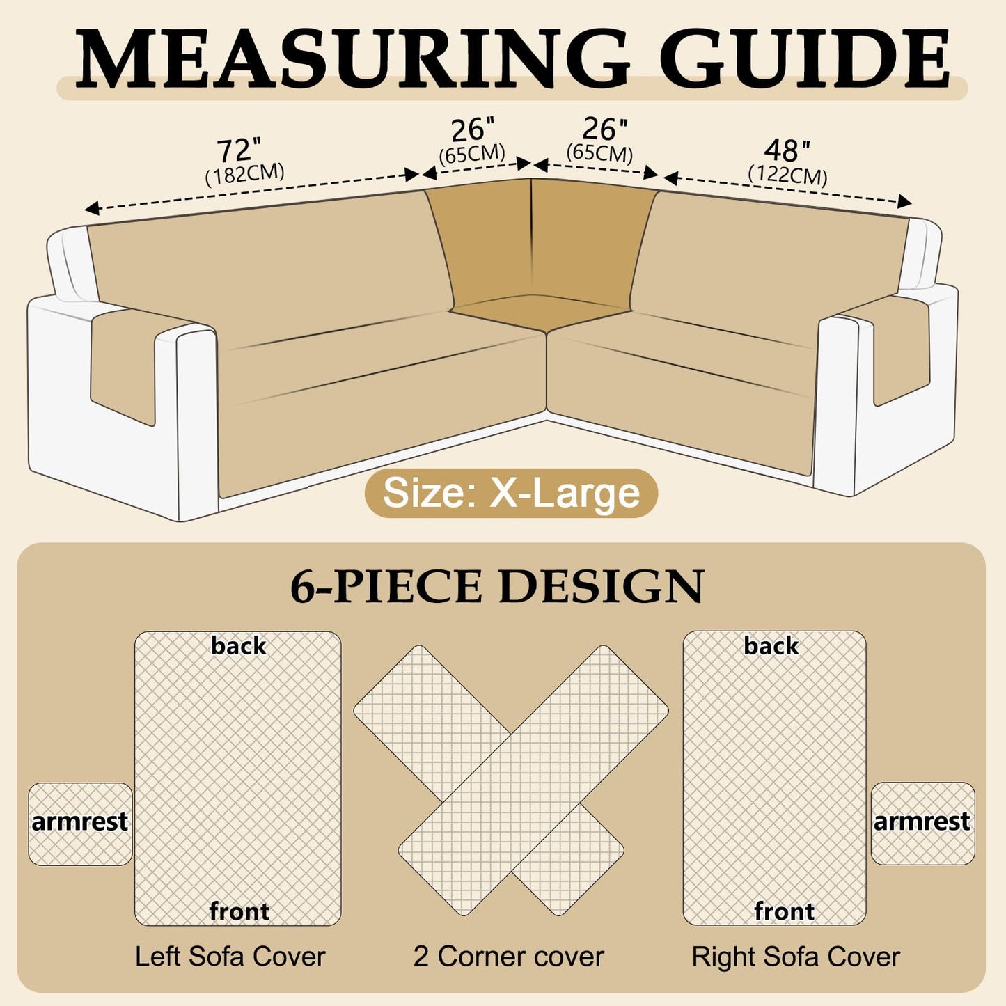 HDCAXKJ Waterproof Sectional Couch Cover L Shaped Sofa Covers Washable Corner Sectional Slipcovers Dog Pet Proof U Shape Furniture Protector with Upgraded Anti Slip Strips (X-Large, Beige)