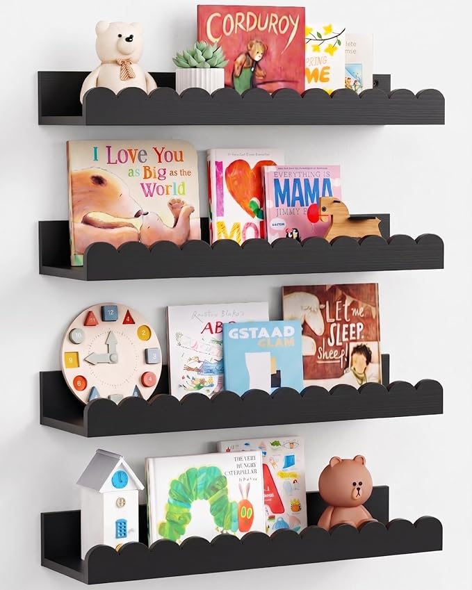 Harwaya Black Floating Nursery Wall Book Shelves Set of 4, Scalloped Shelves