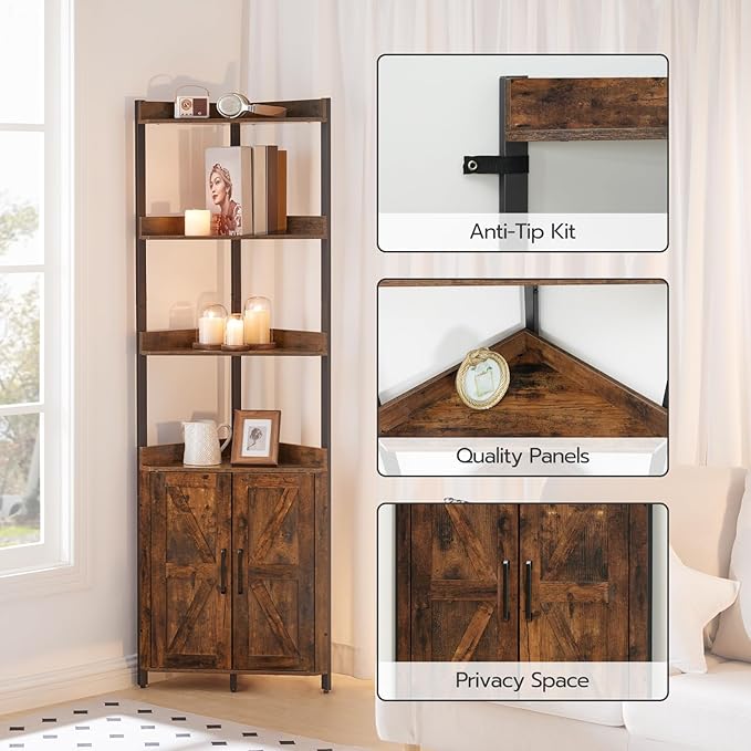 HOOBRO Corner Shelf with Storage, Tall Corner Cabinet, 5-Tier Bookshelf Stand