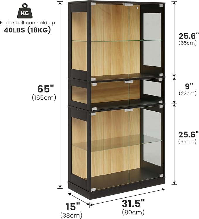Display Cabinet with Glass Doors & LED Lights, 5 Tier Lighted Display Case