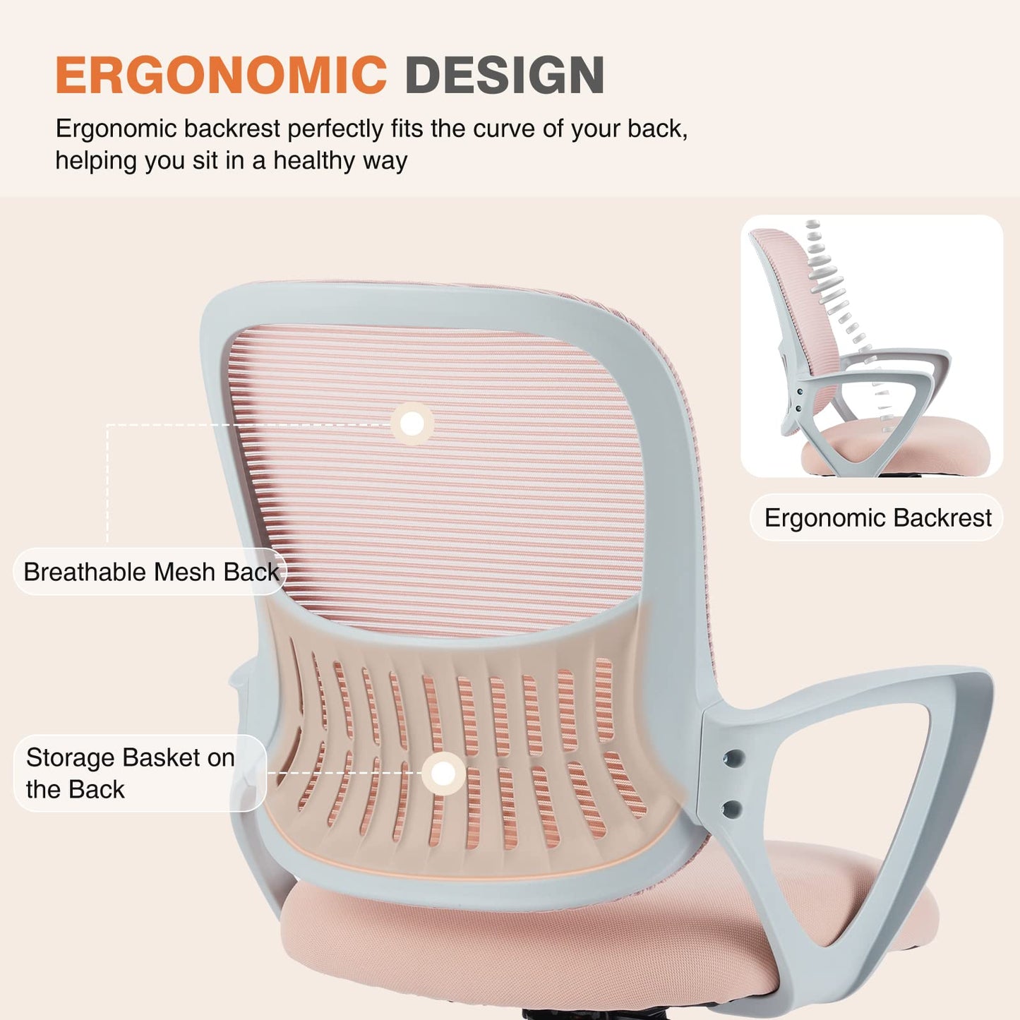 Sweetcrispy Ergonomic Mid-Back Mesh Home Office Desk Chair with Wheels, Managerial Executive Chair with Lumbar Support, and Comfortable Armrests for Home, Bedroom, Study, Office, Pink