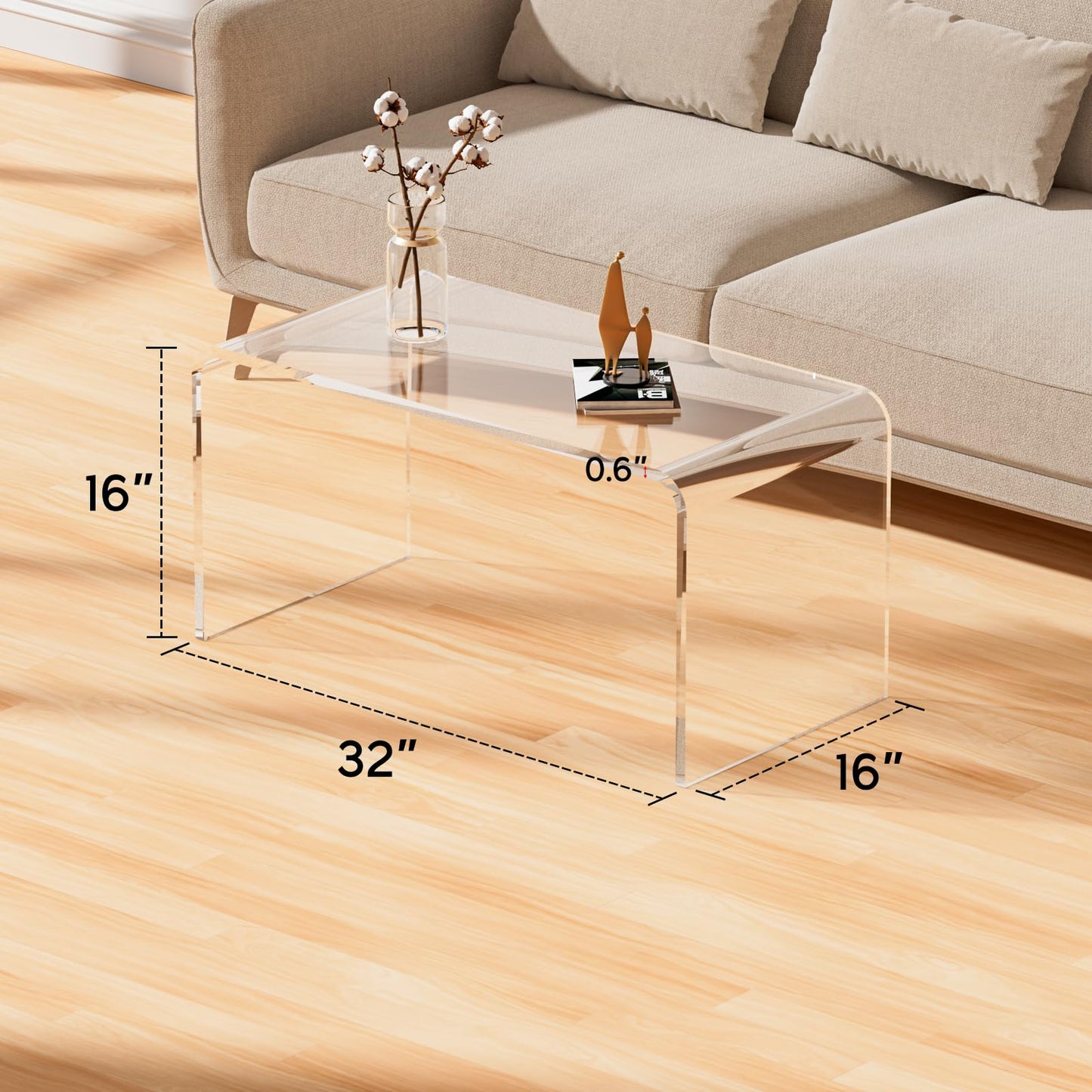 TPZLRN Premium Acrylic Coffee Table, 32" L x 16" W x 16" H Modern Clear Coffee Table, 0.6'' Thick Rectangle Waterfall Table for Living Room, Office, Hotel, Showroom, Transparent