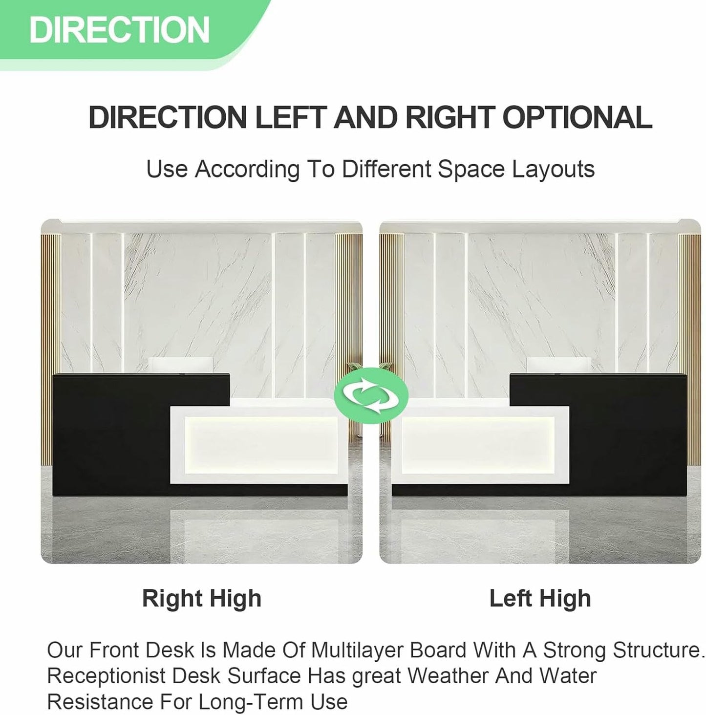 BTOIASYHF White and Black Reception Desk with LED Light 71inch/180cm Wooden Commercial Receptionists Desk Front Reception Counter Table Computer Workstation for Office Salon Checkout Left
