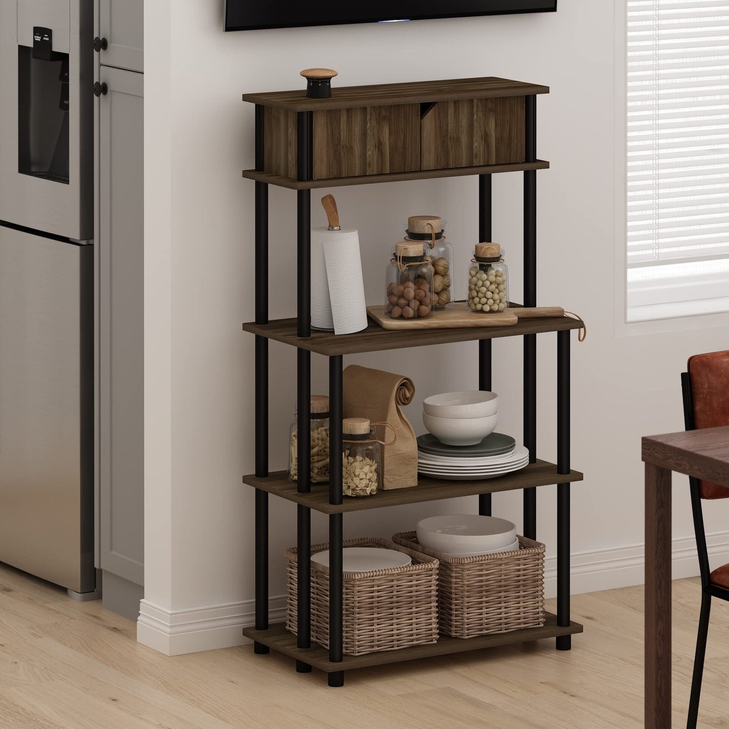 Furinno Turn-N-Tube Kitchen Storage Shelf with Top Cabinet for Kitchen, Dining Room and Home Office, Columbia Walnut/Black