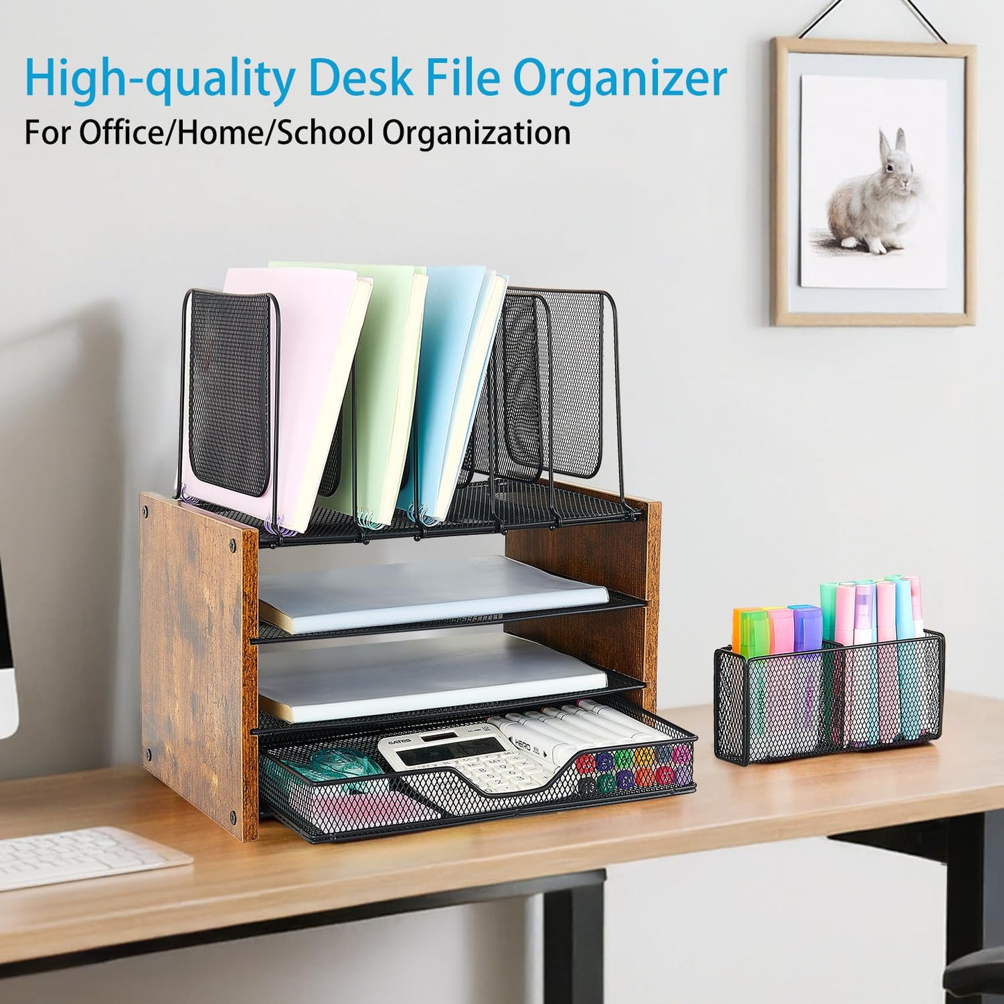 OPNICE Desk Organizer, 4-Tier Desktop File Organizer with Drawer and 2 Pen Holders, Office Desk Accessories, Workspace Organizers for Office Supplies(Brown Wood)