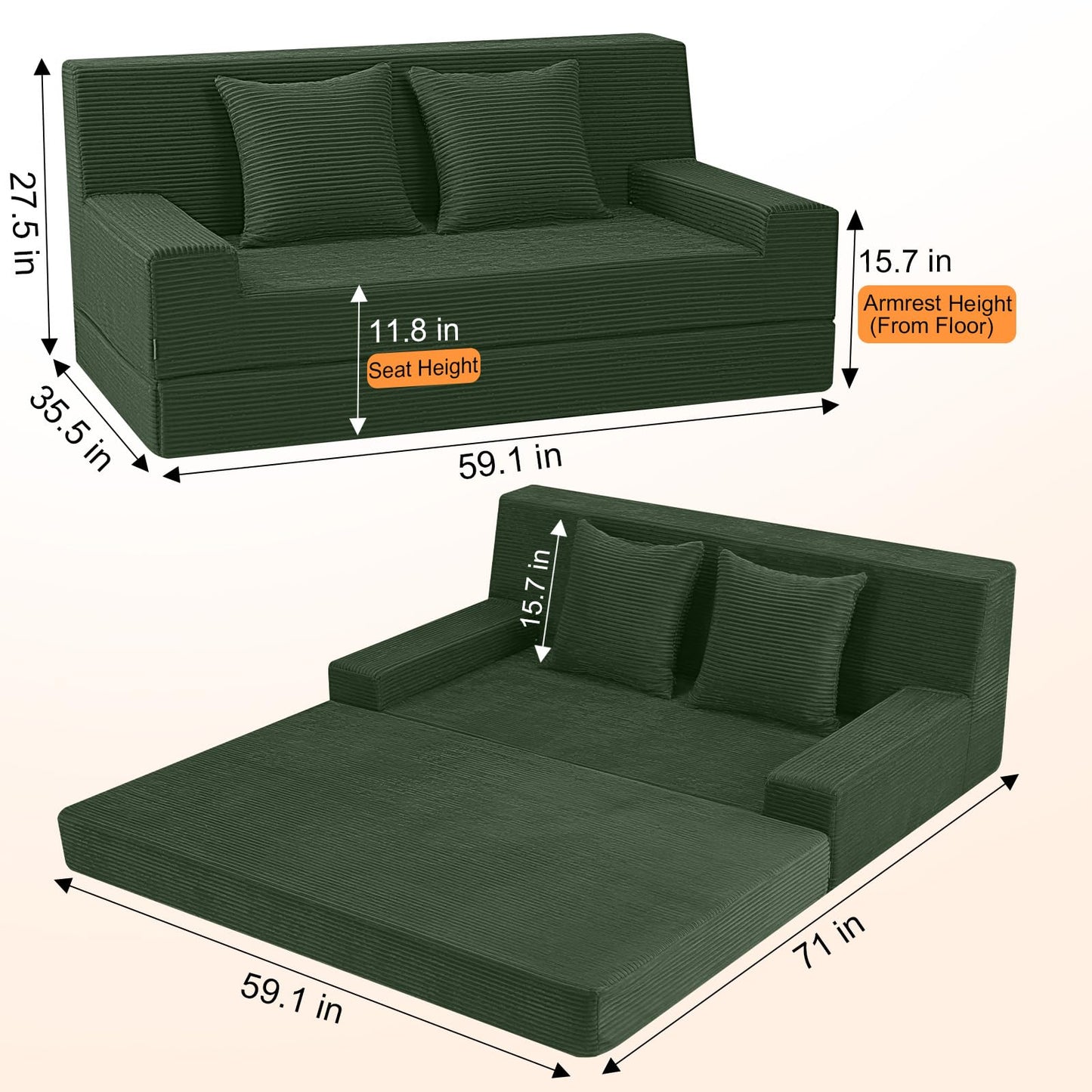 MeMoreCool Boneless Loveseat Sofa Bed – Dark Green Corduroy Convertible Futon Couch, Foldable Floor Sleeper with Foam & Pillow, Washable Cover for Bedroom, Apartment, Small Living Room