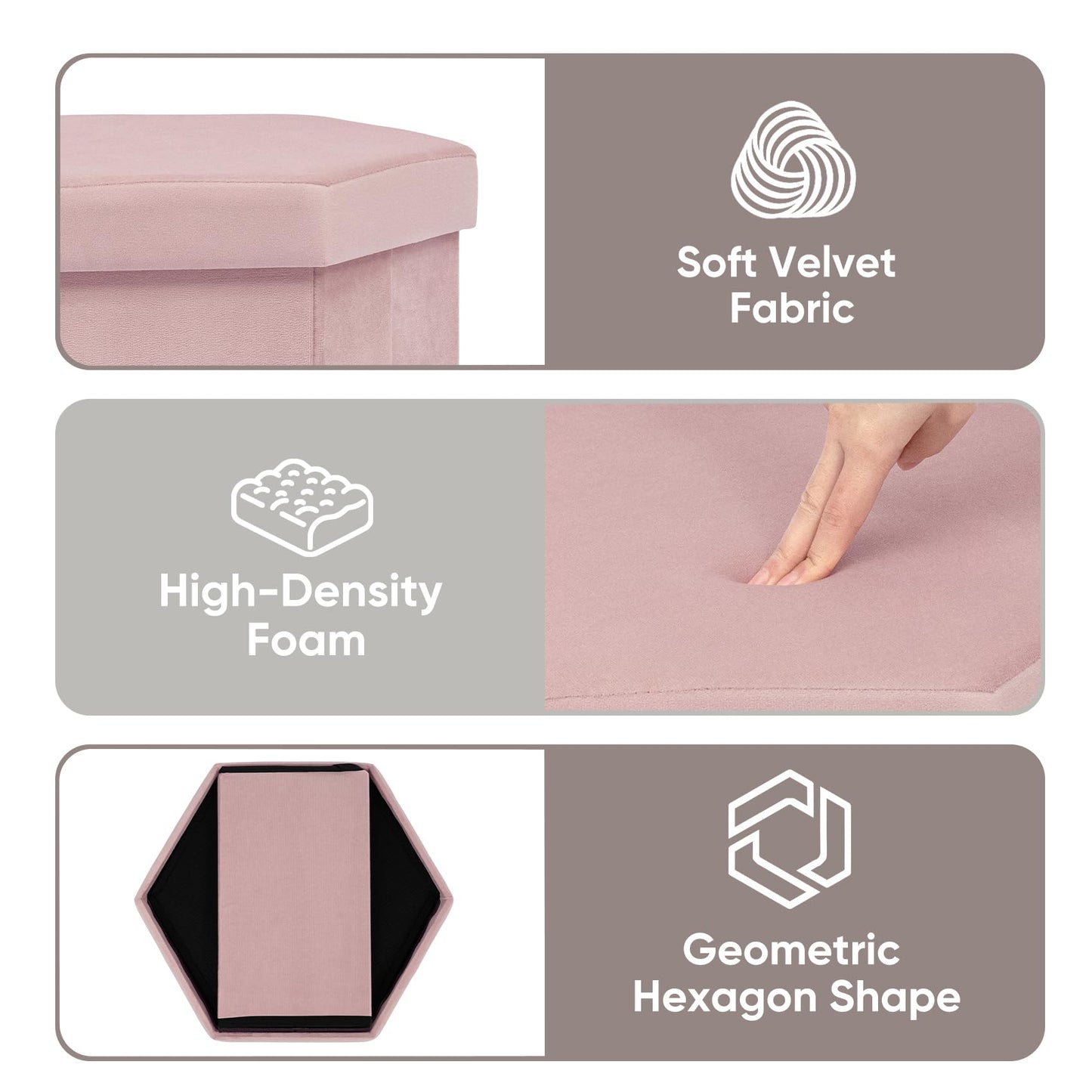 ZOLANOful Hexagon Storage Ottoman for Small Spaces, Velvet Accent Footstool with Hidden Storage, Foldable Ottoman Seat for Living Room, Bedroom, Dorm & Entryway, Blush Pink, 15 x 16.9 x 15 Inch