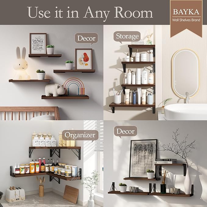 BAYKA Floating Shelves for Wall, Book Shelf for Bedroom, Decor Shelves for