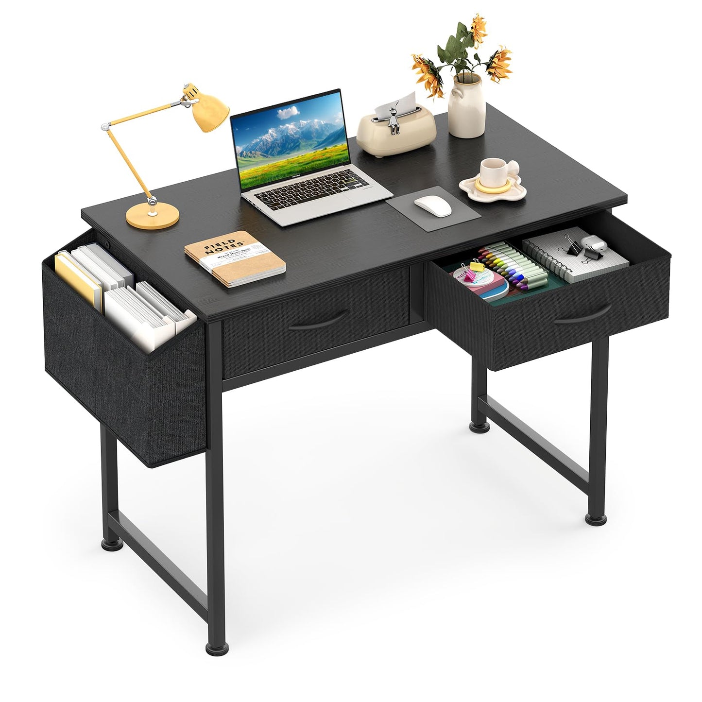 CAIYUN Computer Office Desk for Small Space with Fabric Drawers, Home Office Desk for Bedroom with Side Pocket and Hook, 31 Inch Kid’s Desk, Writing Desk, Study Table and Work Desk, Black