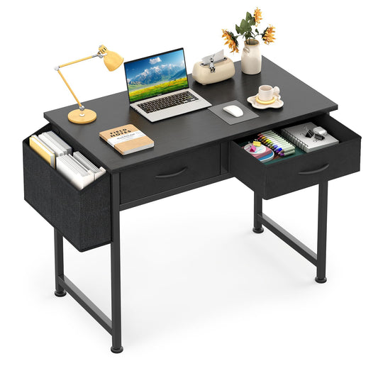 CAIYUN Computer Office Desk for Small Space with Fabric Drawers, Home Office Desk for Bedroom with Side Pocket and Hook, 31 Inch Kid’s Desk, Writing Desk, Study Table and Work Desk, Black
