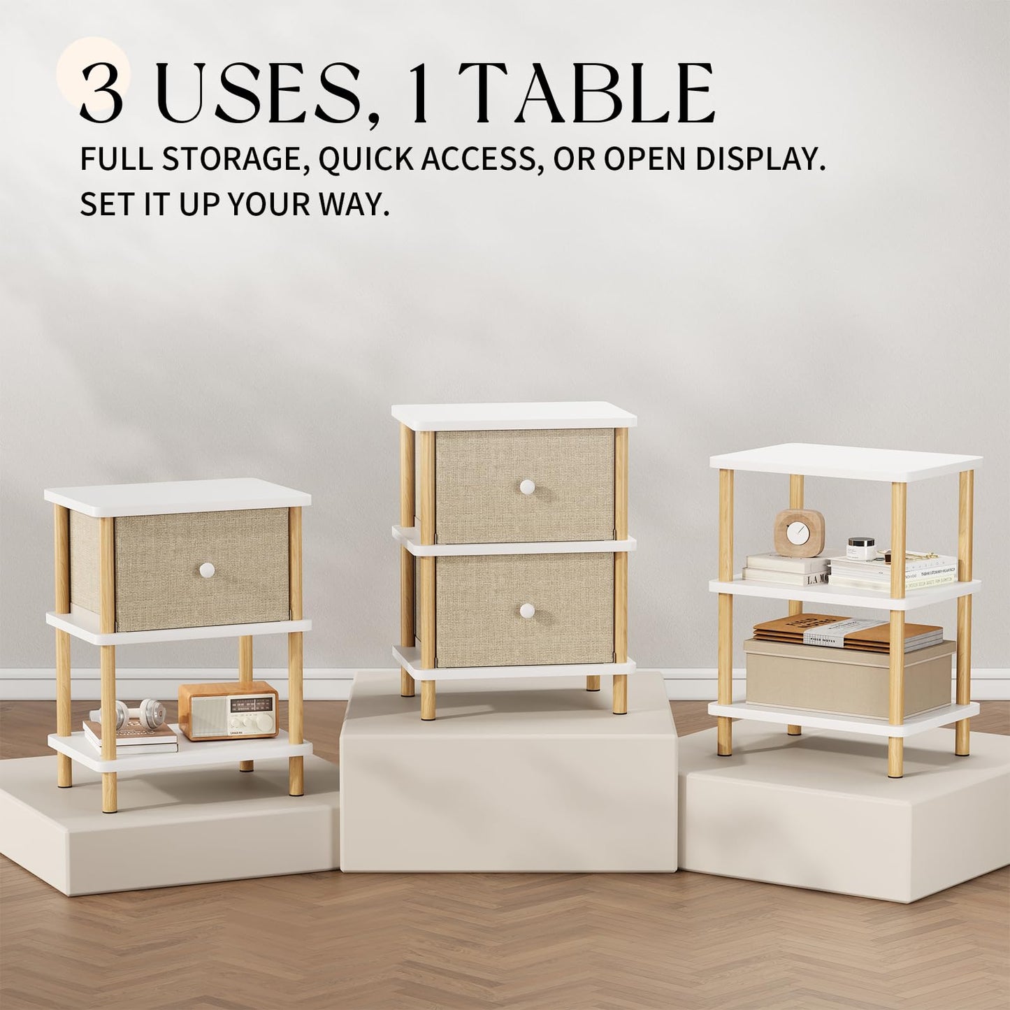 Apicizon Nightstand with 2 Storage Drawers, Boho Side Table with Solid Wood Legs, End Table for Small Spaces, Bedroom, Living Room, Entryway, White+Natural