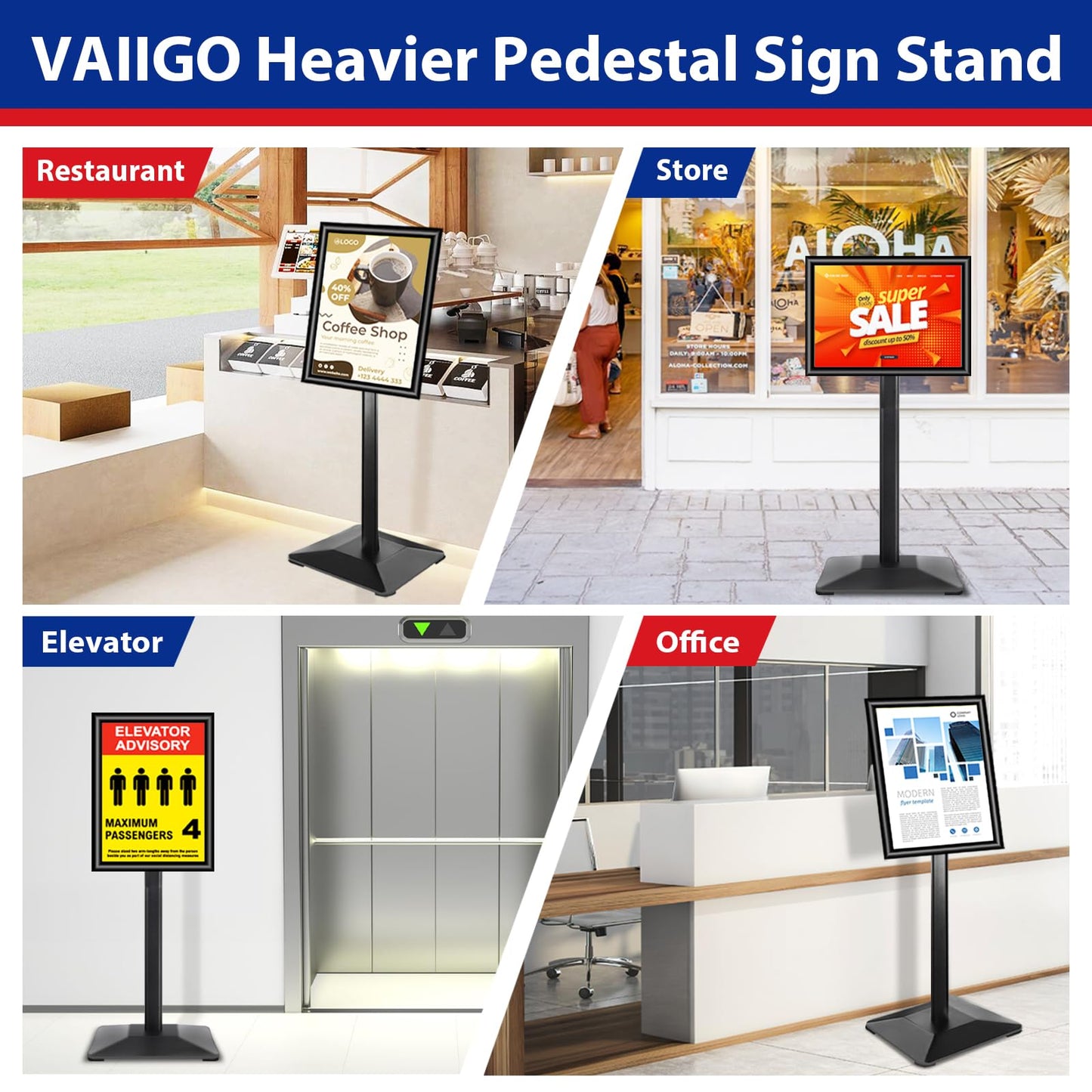 VAIIGO Sign Stand 11x17inch Pedestal Sign Holder Poster Stand 3Packs Adjustable Floor Standing Sign Holder with Heavy Duty Display Stand for Indoor Outdoor Business Store Sign Holders(Black)